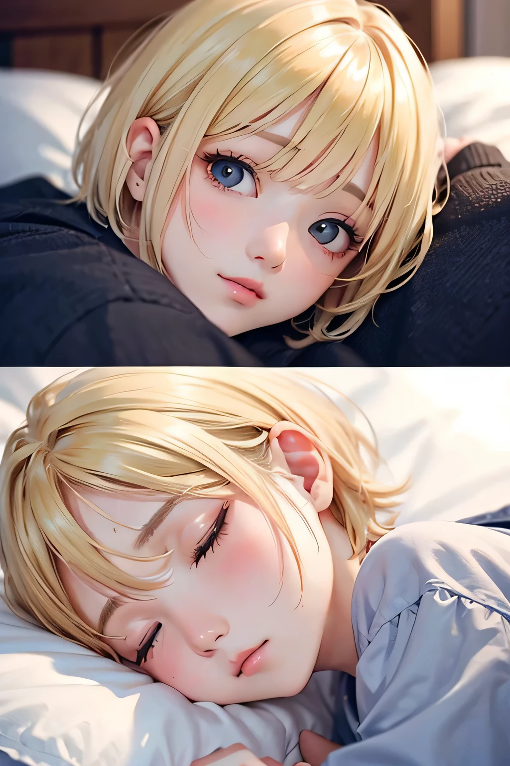 blonde、short hair、girl1、sleep in bed、close up of face