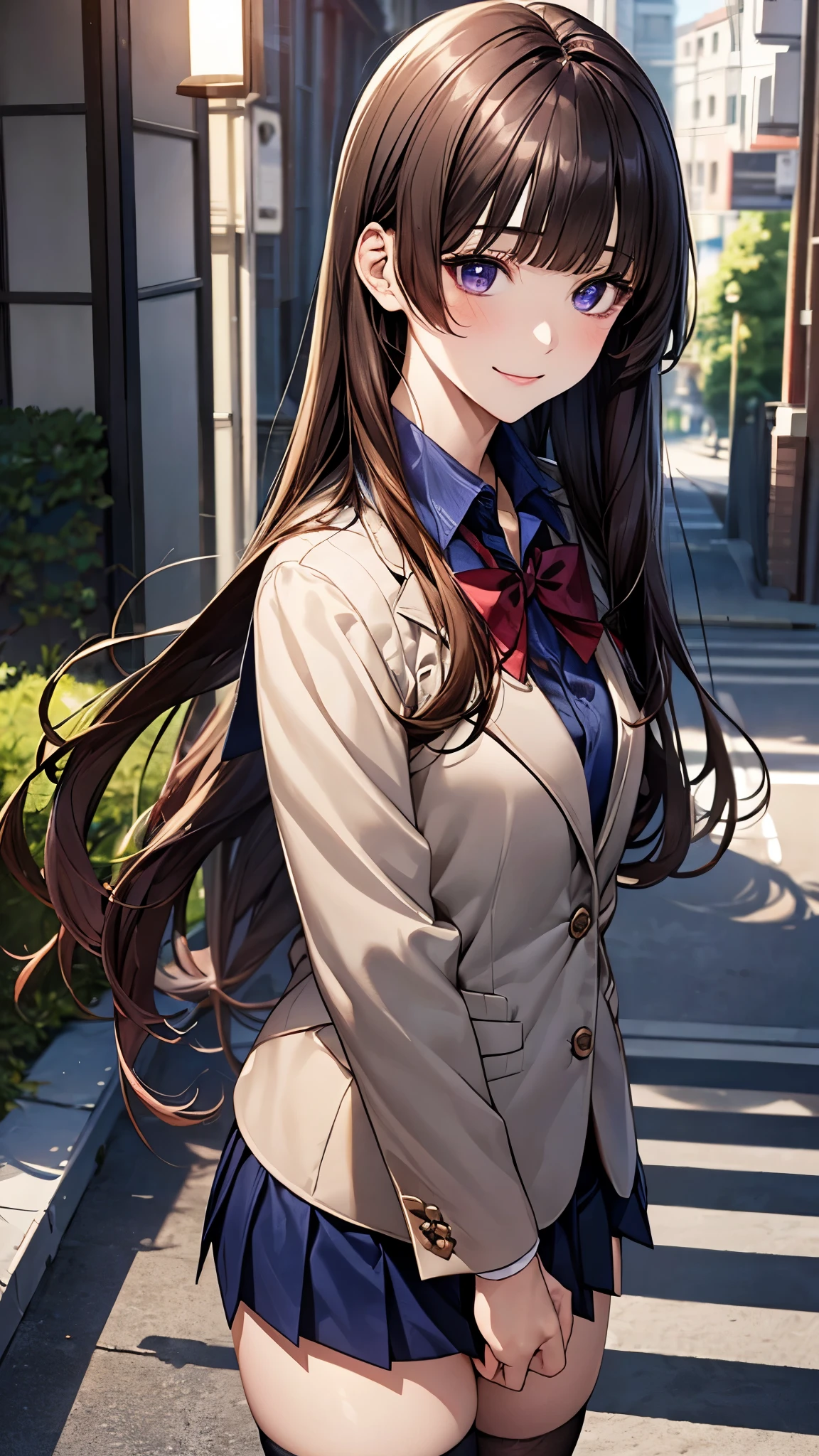 (masterpiece:1.2, top-quality), (realistic, photorealistic:1.2), beautiful illustration, (natural side lighting, movie lighting), ,
looking at viewer, 1 girl, japanese, high school girl, perfect face, cute and symmetrical face, shiny skin,
(long hair:1.5, straight hair:1.4, light brown hair), blunt bangs, swept bangs, big eyes, drooping eyes, purple eyes, long eye lasher, (medium breasts), slender,
beautiful hair, beautiful face, beautiful detailed eyes, beautiful clavicle, beautiful body, beautiful chest, beautiful thigh, beautiful legs, beautiful fingers,
(((navy clothes), school blazer, closed blazer, white collared shirts, navy pleated mini skirt), dark red bow tie, gray thigh-highs),
(beautiful scenery), evening, (outdoors),, standing, (lovely smile, upper eyes),