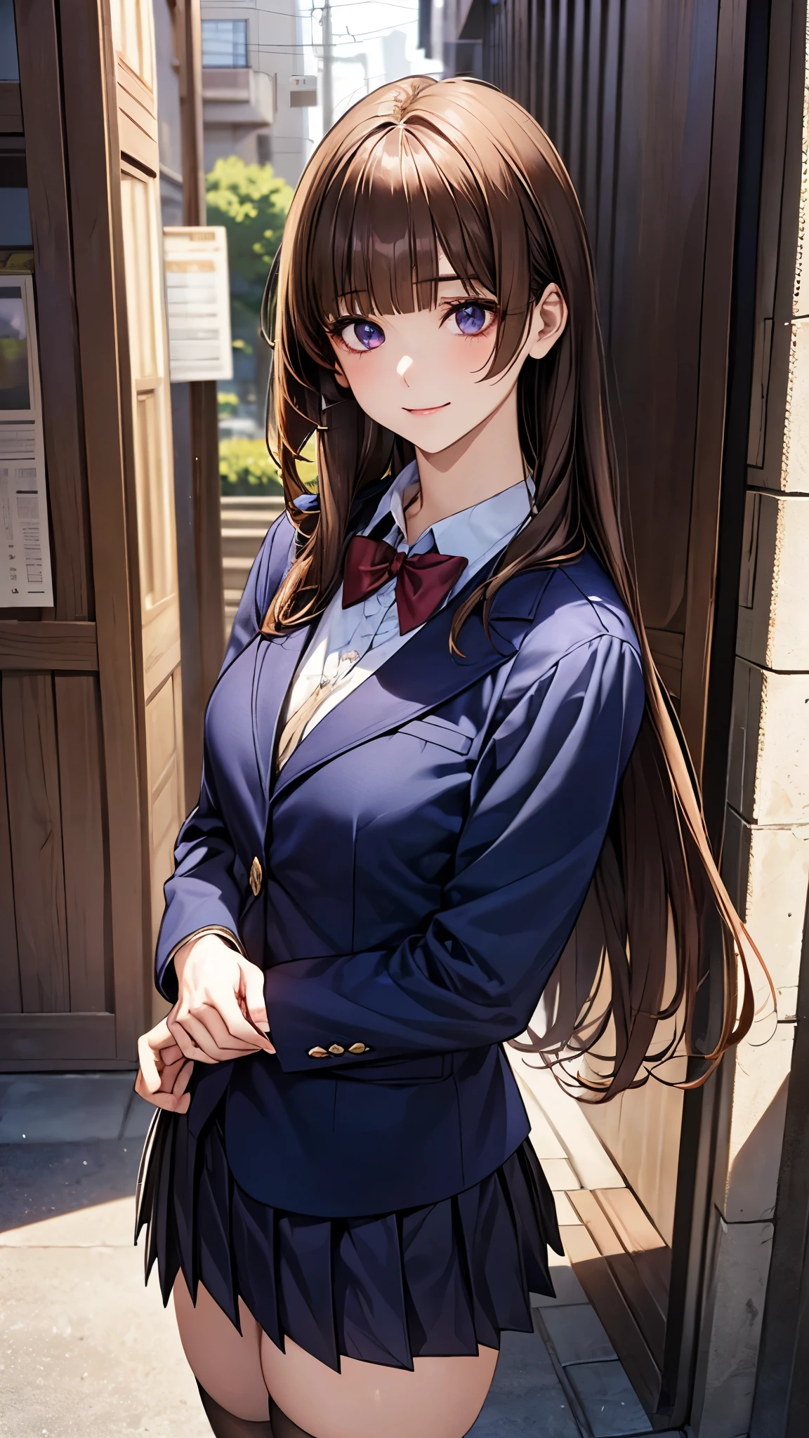 (masterpiece:1.2, top-quality), (realistic, photorealistic:1.2), beautiful illustration, (natural side lighting, movie lighting), ,
looking at viewer, 1 girl, japanese, high school girl, perfect face, cute and symmetrical face, shiny skin,
(long hair:1.5, straight hair:1.4, light brown hair), blunt bangs, swept bangs, big eyes, drooping eyes, purple eyes, long eye lasher, (medium breasts), slender,
beautiful hair, beautiful face, beautiful detailed eyes, beautiful clavicle, beautiful body, beautiful chest, beautiful thigh, beautiful legs, beautiful fingers,
(((navy clothes), school blazer, closed blazer, white collared shirts, navy pleated mini skirt), dark red bow tie, gray thigh-highs),
(beautiful scenery), evening, (outdoors),, standing, (lovely smile, upper eyes),