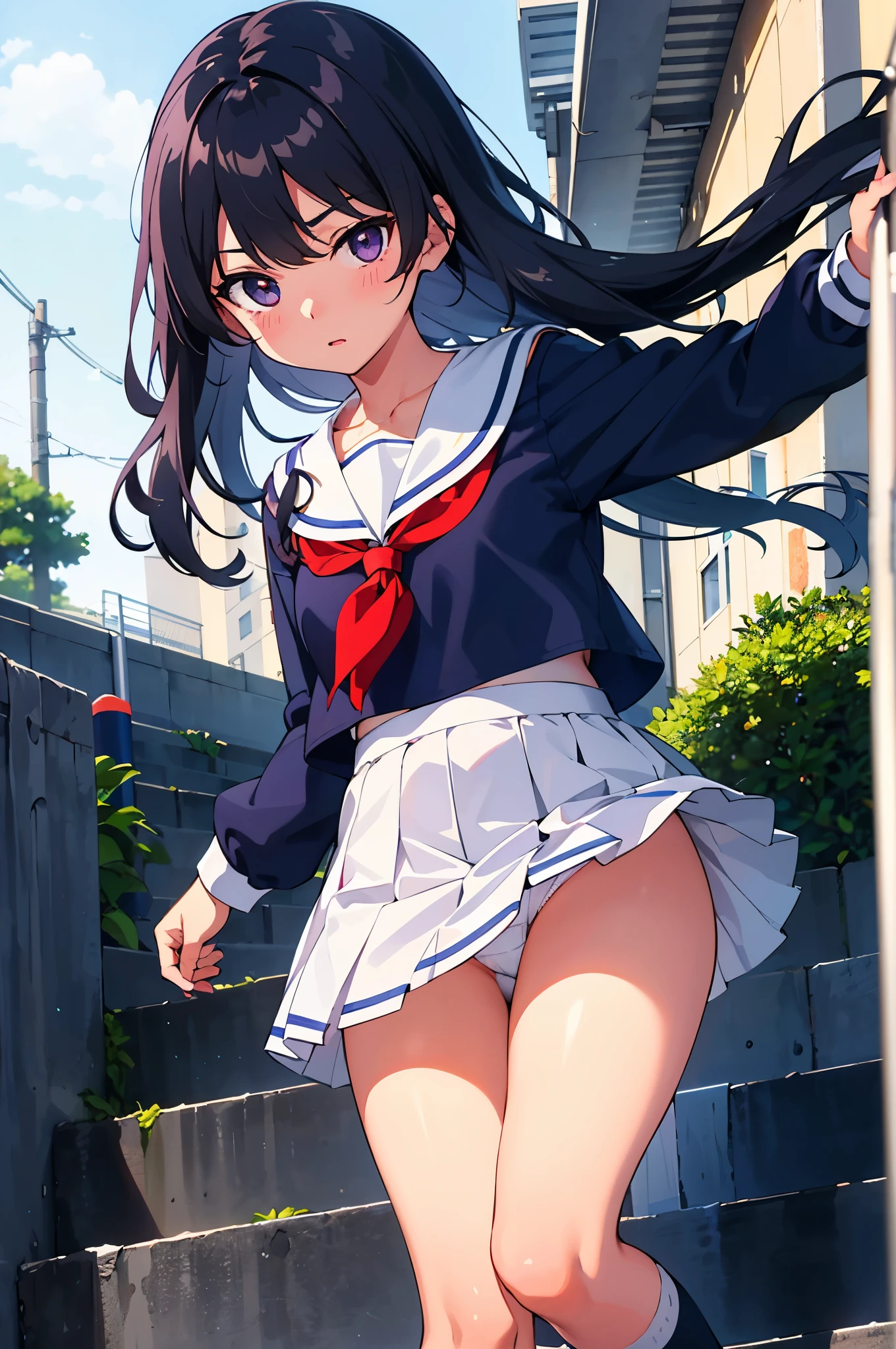 station stairs　elementary school girl　8-year-old　flat chest　black hair　long hair　eyes are purple　（（1 person））　White upper body long sleeve sailor uniform　Lower body navy blue miniskirt　white panties　white socks　sports boots　jumping down the stairs　You're jumping big（（white pantiesが見える））　from the front　Low angle centered on the crotch