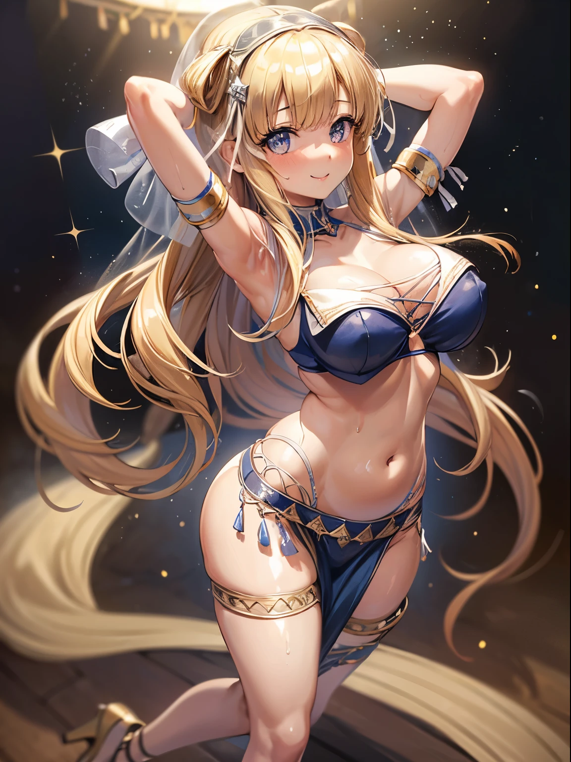 (masterpiece, of the highest quality、8K ),Insanely detailed, Caustics, One Cute Girl, (FletcherMKIIKC)), , cute, kawaii, , (((large areolae))), beautiful face, beautiful hair, (((saggy huge breasts))), (((hanging breasts))),((((breasts apart))), (puffy nipples), (standing nipples), (((lovely eyes))), ((shiny body)),(((slim body))), beautiful skin, (((very humid sweaty))), (((shiny skin))) ,(((cute smile, happy))), (Half rim),((((Belly Dance Dancer Costume:1.3)))), veils, (Face Veil:1.3), veils, Look at viewers, Midriff, ((Butt crack)), (From above:1.1), (rollback :1.2), arms on head, Arabian Night, Arabian Stage, (detailed and beautiful eyes, (Glossy Lip, Crystal clear skin, White and beautiful skin:1.2), Eye Highlights, Twinkle Eyes, ((full body)), ,