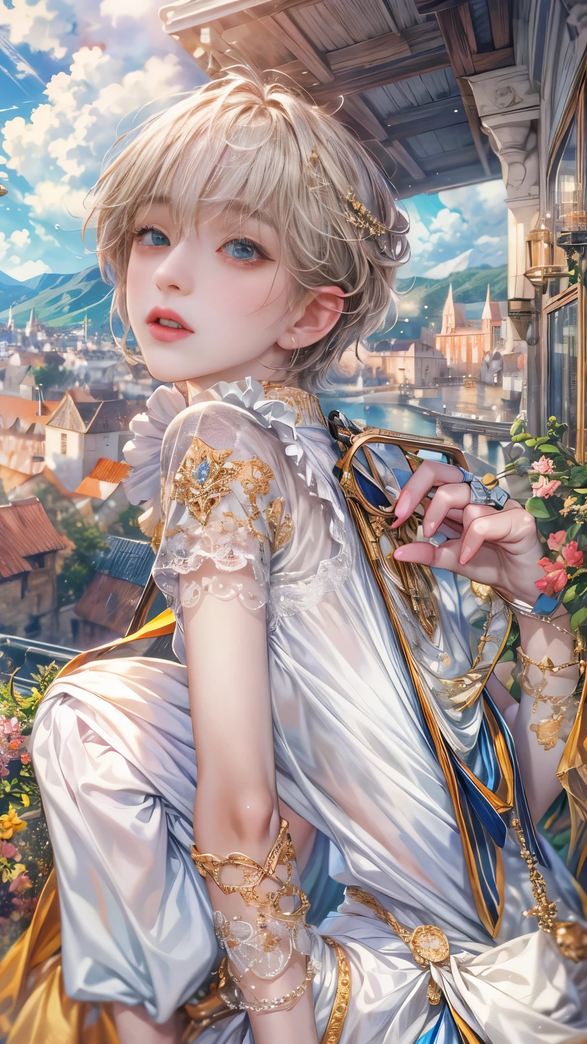 (absurdres, highres, ultra detailed, HDR), masterpiece, intricate, best quality, portrait of a character from Ikemen Shoujo Manga, anime eyes, a male idol in a detailed scenery town background , kpop idol