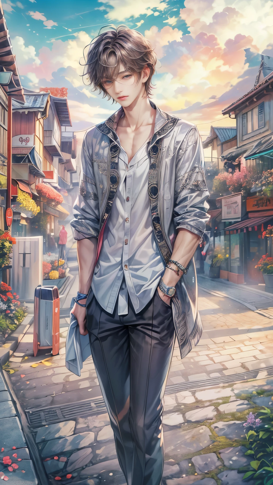 (absurdres, highres, ultra detailed, HDR), masterpiece, intricate details, best quality close-up picture of young Filipino boy with a perfect face, smirks, a boy with handsome looks, cool casual outfit, short hair, anime eyes, matured teen, fantastic outfit showing chest, crop top, detailed Philippines interiors, window market scenery, detailed character, art kenouji