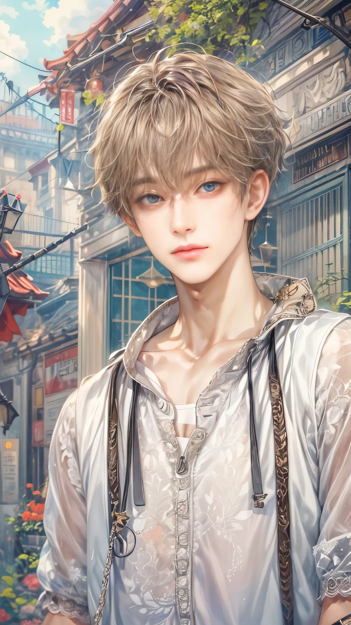 (absurdres, highres, ultra detailed, HDR), masterpiece, intricate, best quality, portrait of a character from Ikemen Shoujo Manga, anime eyes, a male idol in a detailed scenery town background , kpop idol