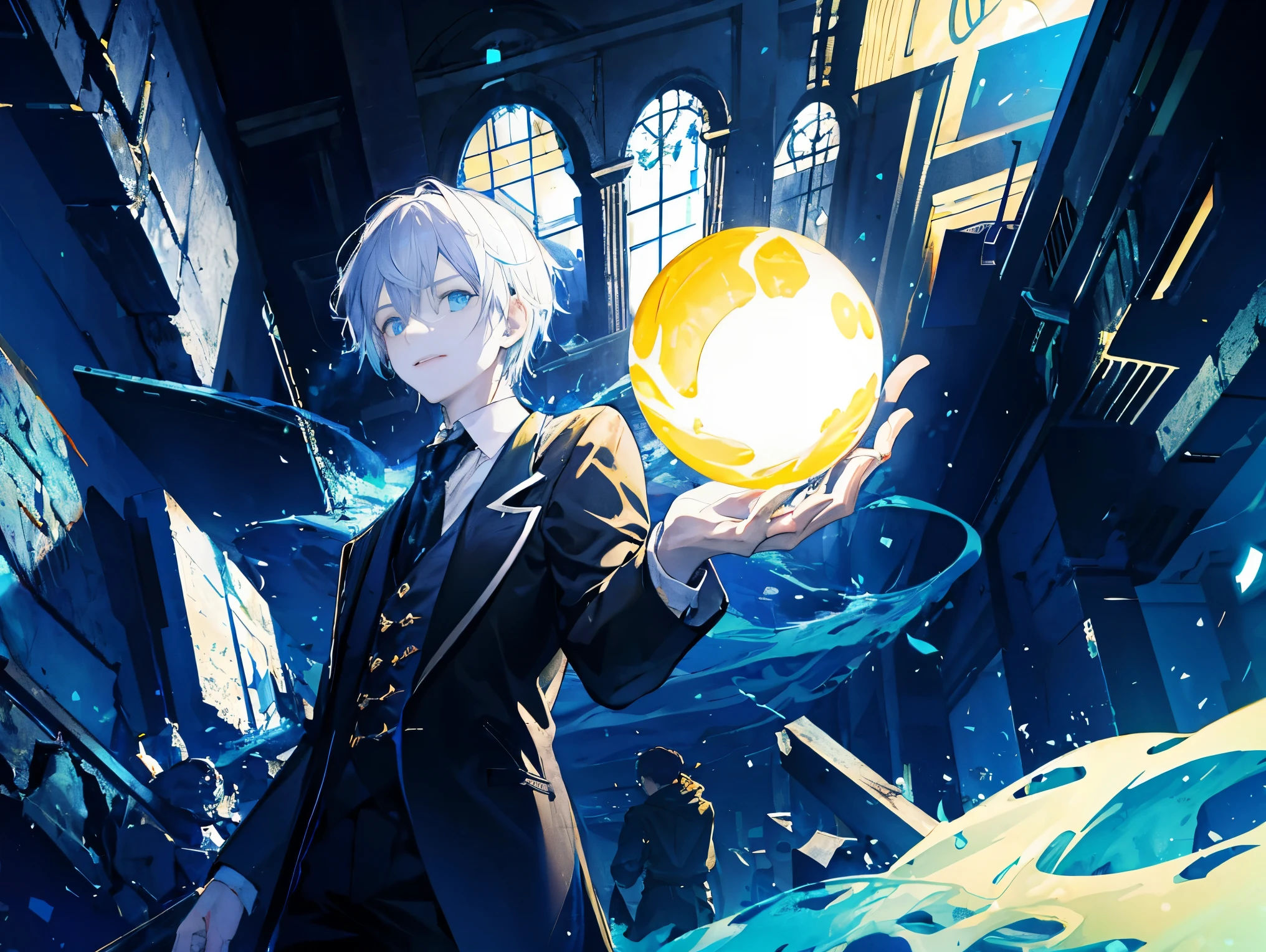 A young magician holding a floating, glowing ball of light in his hand.,  in the ruins