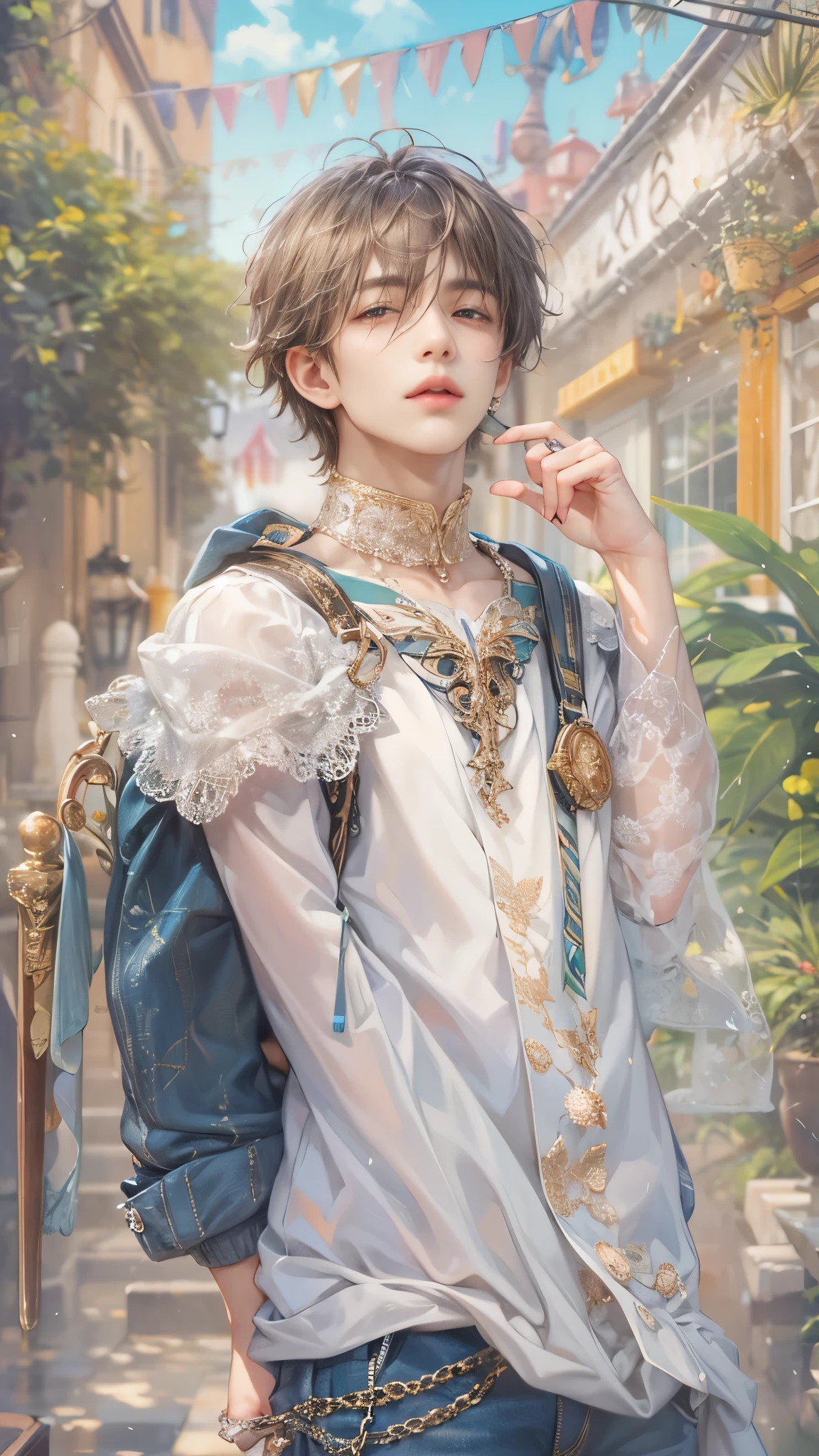 (absurdres, highres, ultra detailed, HDR), masterpiece, intricate, best quality, portrait of a student boy character from Ikemen Shoujo Manga, eyes on viewer, a male idol in a detailed scenery school background , kpop idol