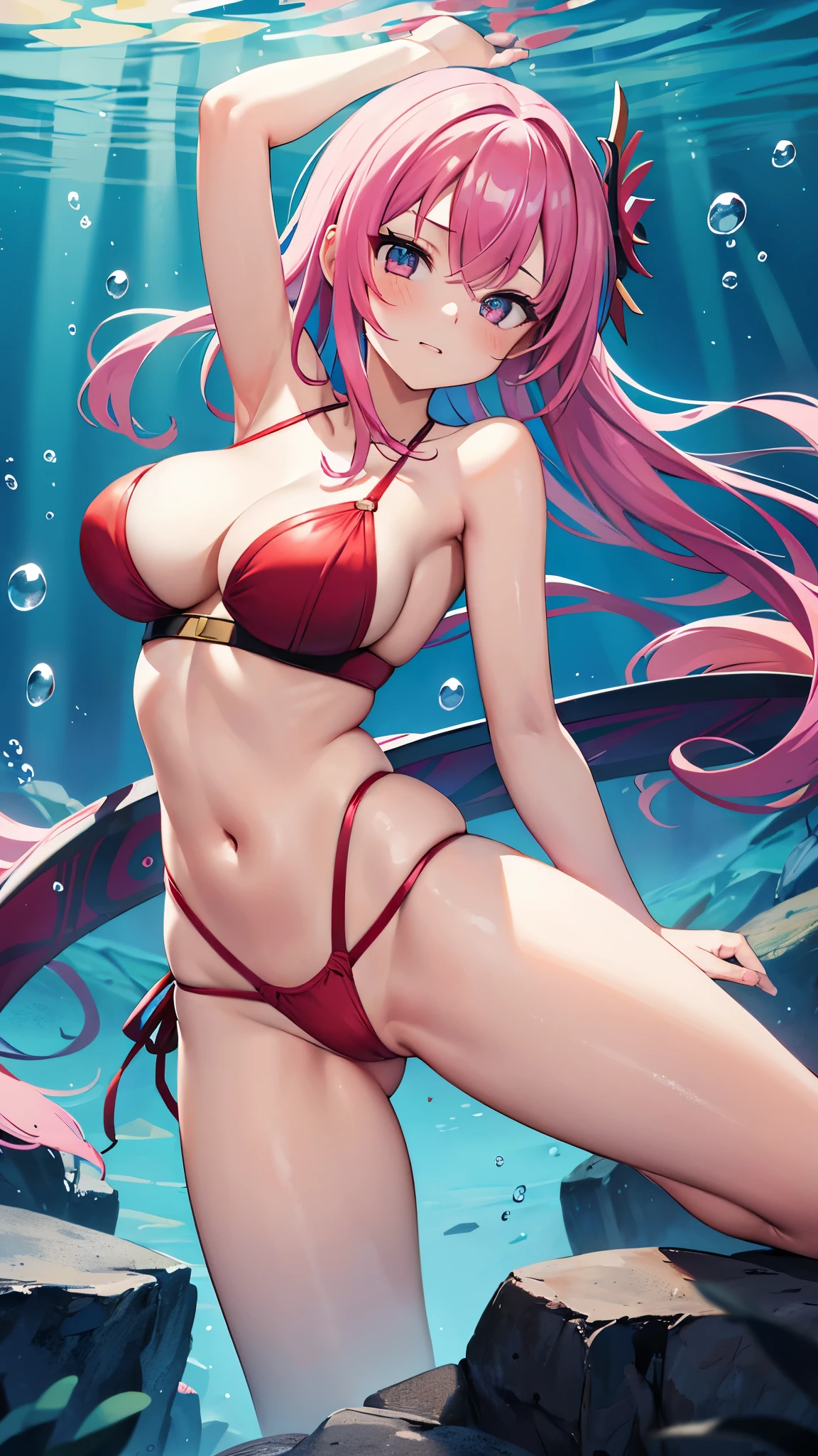 a woman in a bikini posing for a picture underwater, 1girl, solo, underwear, breasts, red lingerie, bra, medium breasts, ((underwater)), ((surrounded by bubbles)), ((raidenshogundef, raidenshogunrnd, ))