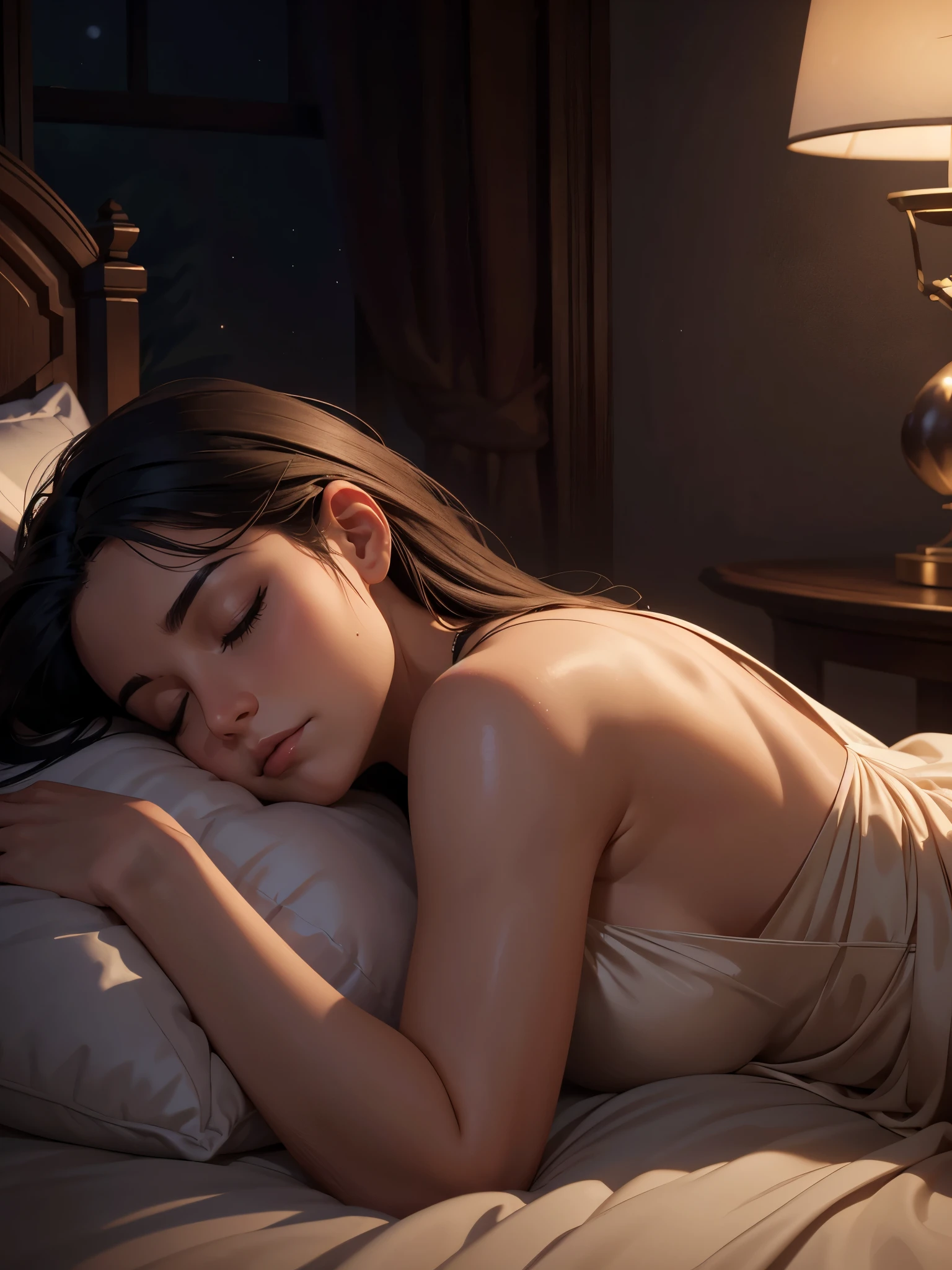 best quality, masterpiece, (photorealistic:1. 4), 1girl, closed lips, wearing a white satin sleeping dress, best quality, masterpiece, ultra high res, (photorealistic:1. 4), intricate details, (looking at viewer:1. 4), full body, dim lighting, indoor, lying on bed, bedroom, nighttime