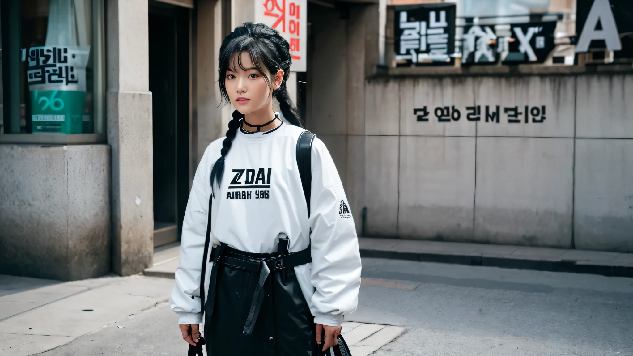 the brand name on the clothes with the inscription ar4max, call of duty warzone Korean girl with white hair, hairstyle, two braids, wearin Hidden and street portraits, neon ar4max