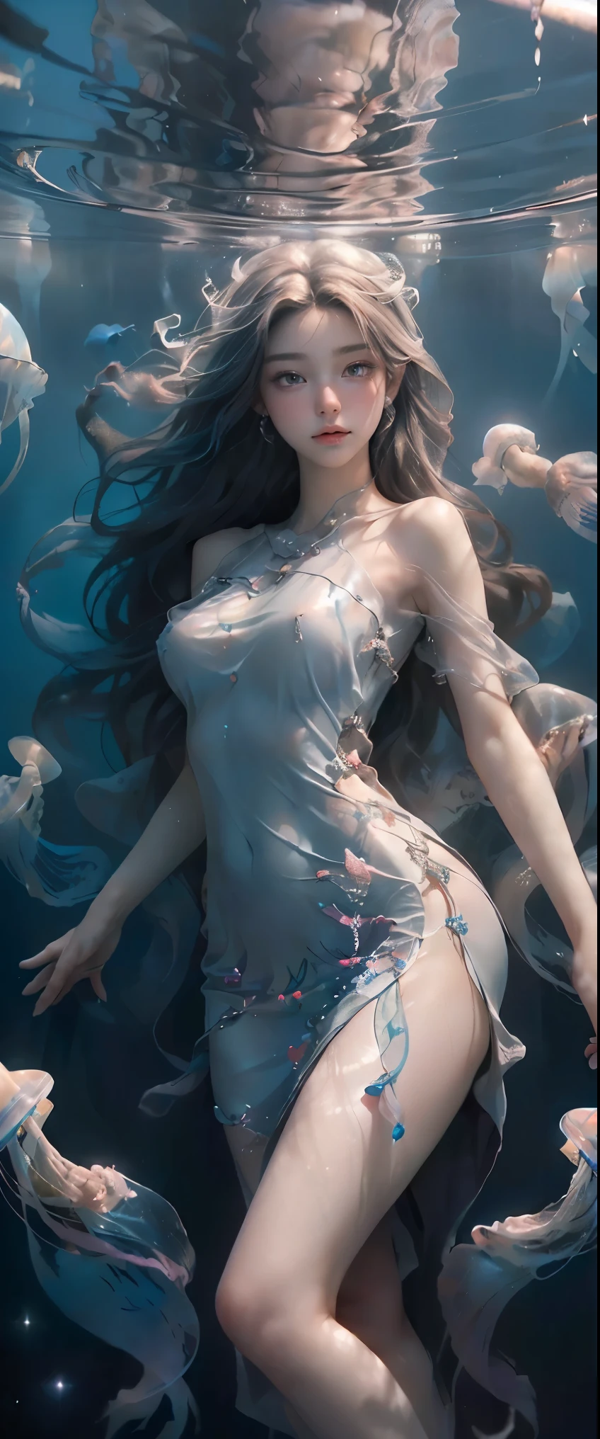masterpiece、highest quality、High resolution、photorealistic、High resolution、Raw photo、((A group of jellyfish swimming in space with the Earth in the background:1.2))、((1girl、A beautiful woman is swimming among jellyfish、detailed face and eyes、beautiful face、Crystal clear body、A fluttery thin dress、dynamic pose、 big breasts、big ass))、