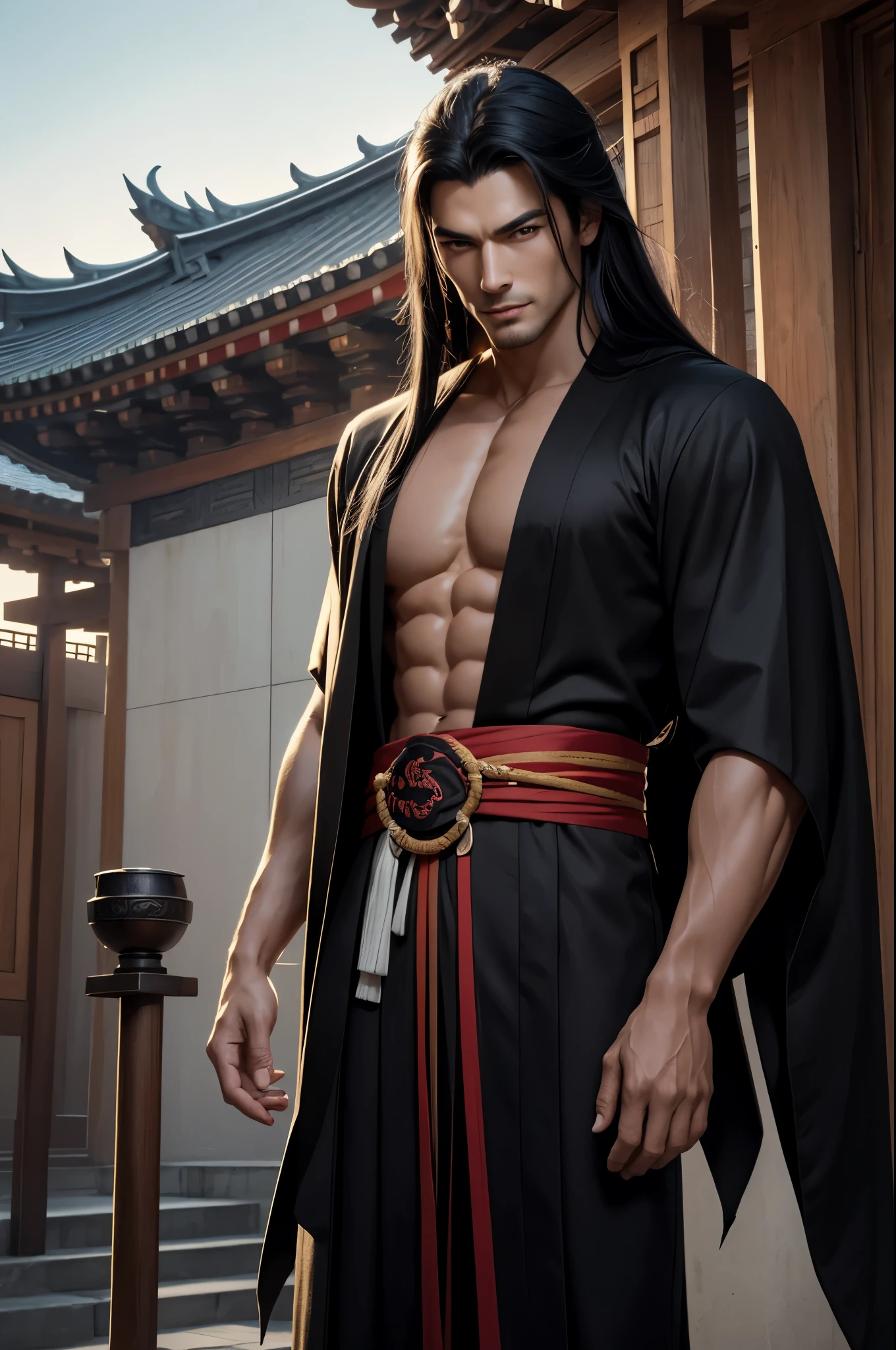 8K,god with long black hair,super handsome(like the real thing),Traditional divine luxury kimono for men,smile,muscular slim body,In front of the temple,Photorealistic RAW photos of the highest quality。Backlight, cinematic lighting, film grain, to be born, 50mm lens, Nikon D850,realistic skin,fantasy art,character art,ultra high resolution,muscular slim body,muscular slender lower body,Precise facial details,perfect hands,comical pose,Neat face,