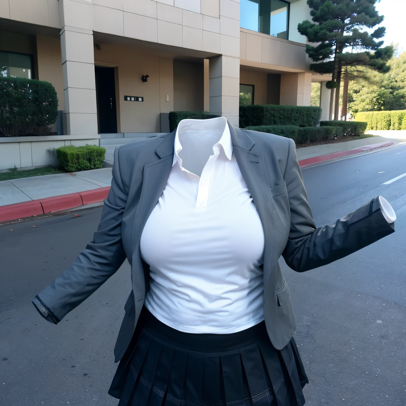 6 years old girl, school uniform, plaid skirt, chubby, (invisible, no humans, headless, faceless:1.5), cute big breasts, very huge breasts,