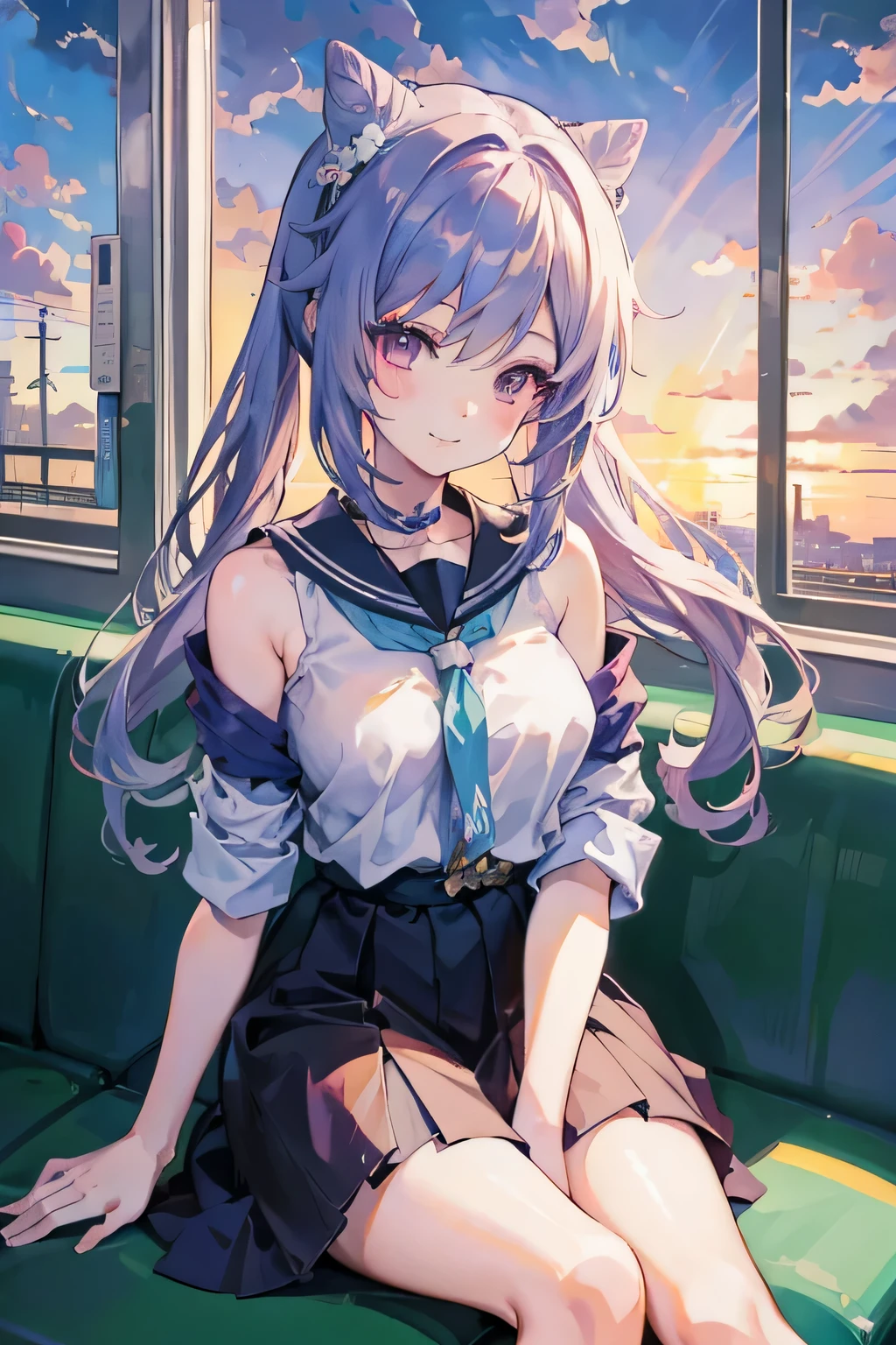 high resolution,(incredibly absurdres), (hires.fix:1.3),extremely detailed CG unity 8k wallpaper, ((masterpiece)), ((top-quality)), (beautiful illustration), ((an extremely delicate and beautiful)), 1 girl ,(sleeping on train seat) ,((character focus)) ,front, turned up skirt, spread legs, ((panty shot)), school uniform,head tilt, closed eyes, pale blue hair, lower hands
