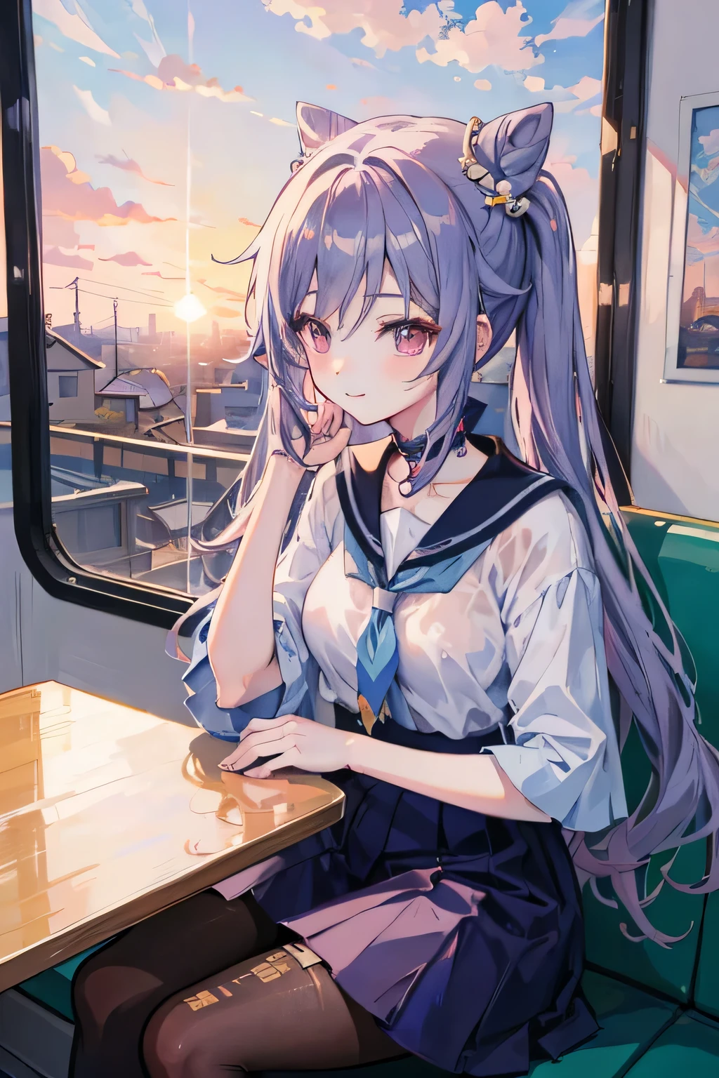 anime girl sitting on a train looking out the window, beautiful anime portrait, lofi portrait at a window, beautiful anime girl, lofi portrait, lofi girl, portrait anime girl, artwork in the style of guweiz, high quality portrait, with sunset, attractive anime girl, cute anime girl, realistic cute girl painting, anime style. 8k, smiling