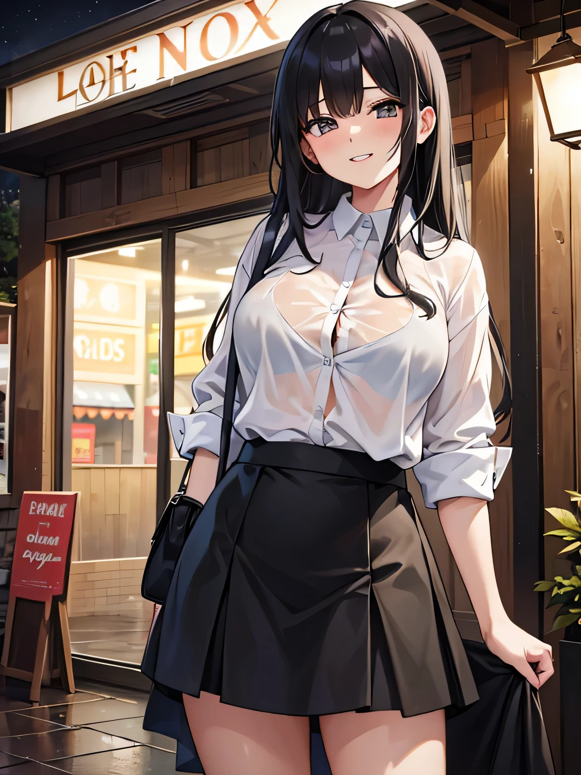 (1) A woman takes shelter from the rain in front of a store., But the cutter shirt is wet、The bra is clearly see-through.
(2) She is wearing a white cutter shirt and a black long skirt.
(3) she has long black hair.
(4) she has a provocative personality, a smiling expression on her face.
(5) She is 26 years old and looks mature..
(6) The location is outside the bar area on a rainy night.
