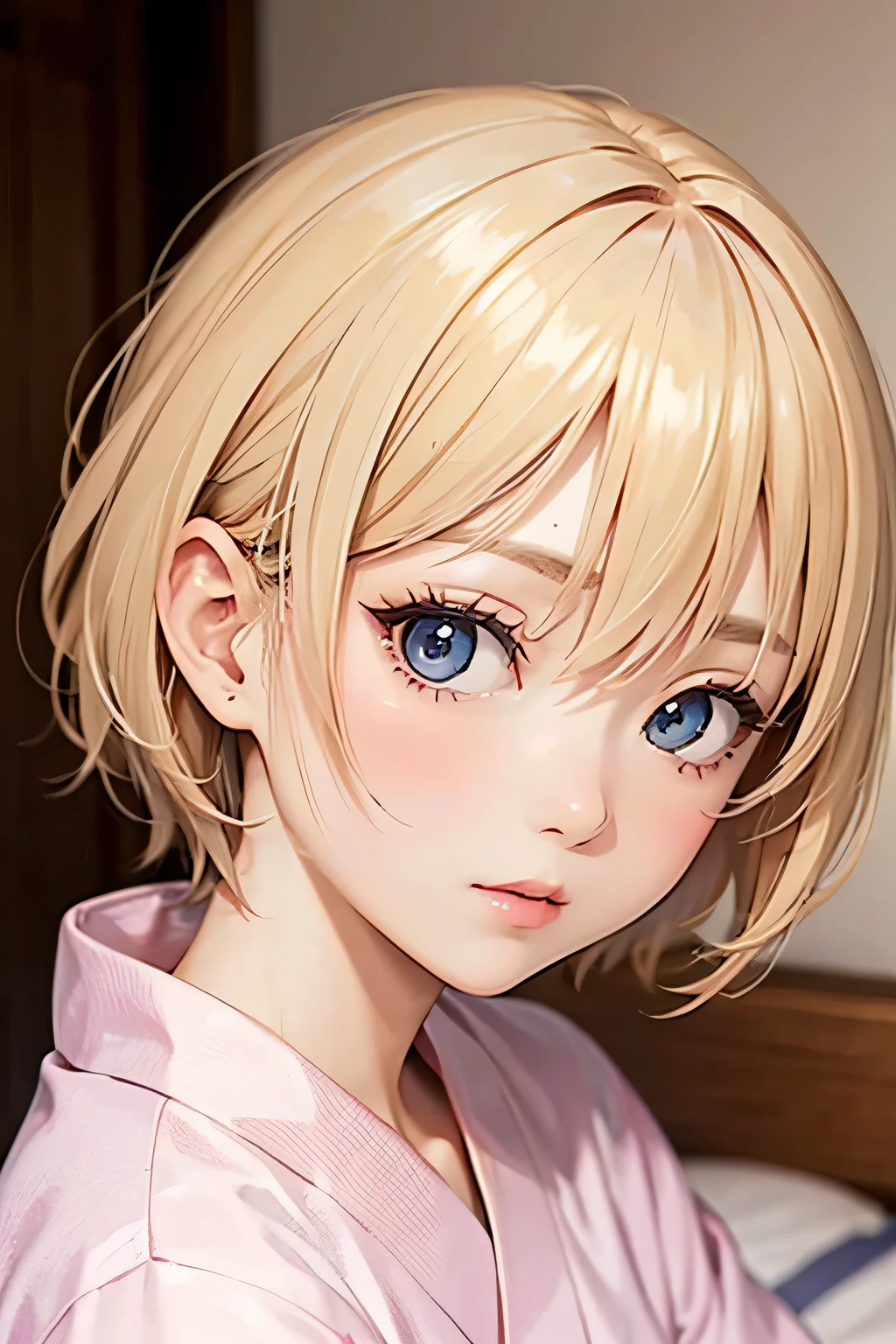 blonde、short hair、girl1、close up of face、bed、topless、yukata
