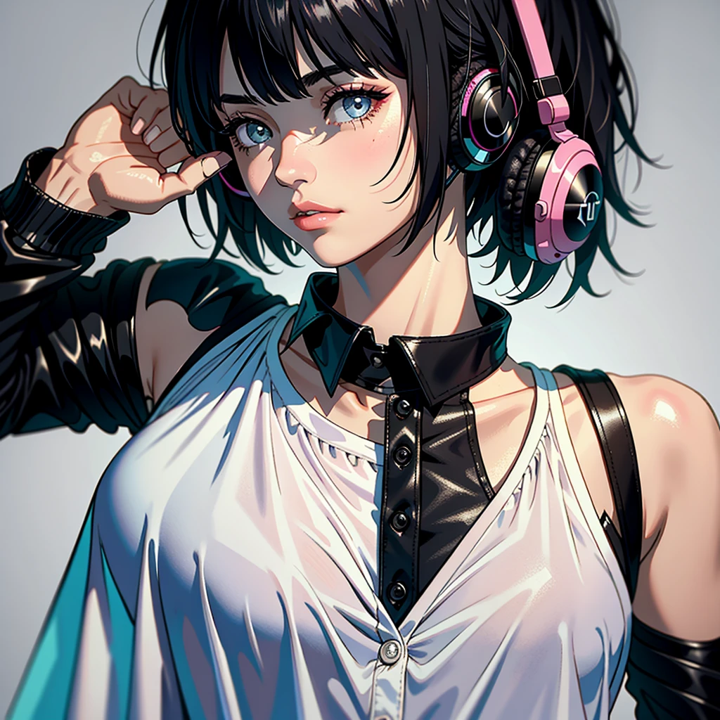 a woman with headphones is posing for a picture, tumblr contest winner, goth, feminine, aesthetic, 23-year-old Brazilian woman: 1.2, (Sleeveless shirt: 1.3), short hair with full bangs: 1.4, (Short hair: 1.2), Pink lips: 1.1, Black hair: 1.2, Reflective eyes: 1.3, Expressionless eyes: 1.1, Realism: 1.4, Hyperrealism: 1.2, 135mm: 1.3, 85mm: 1.1, Nik