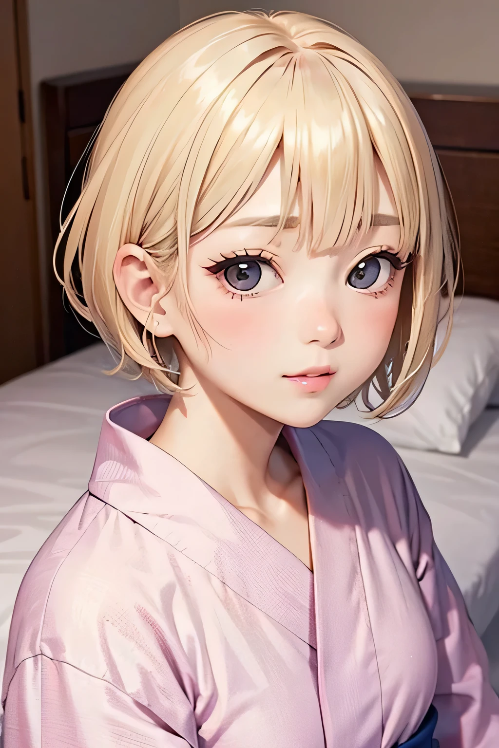 blonde、short hair、girl1、close up of face、bed、yukata