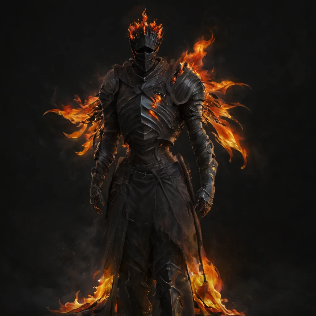 hyperdetailed photography,masterpiece,awardwinning,128k uhd,cndrlord,inpatient man in a flaming armor,full body ,black background,raw photo,sharp focus,bokeh,epic