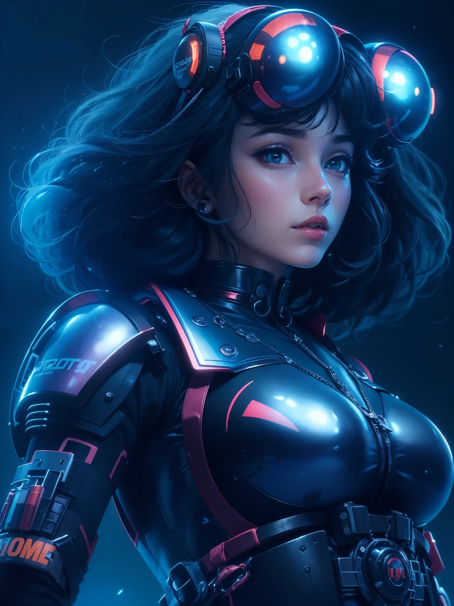 ((best quality)) , ((masterpiece)) ,((details)), ((80s movie)),A female, Robotic outfit ,(darkblue color), ((simple_background)),8k resolution