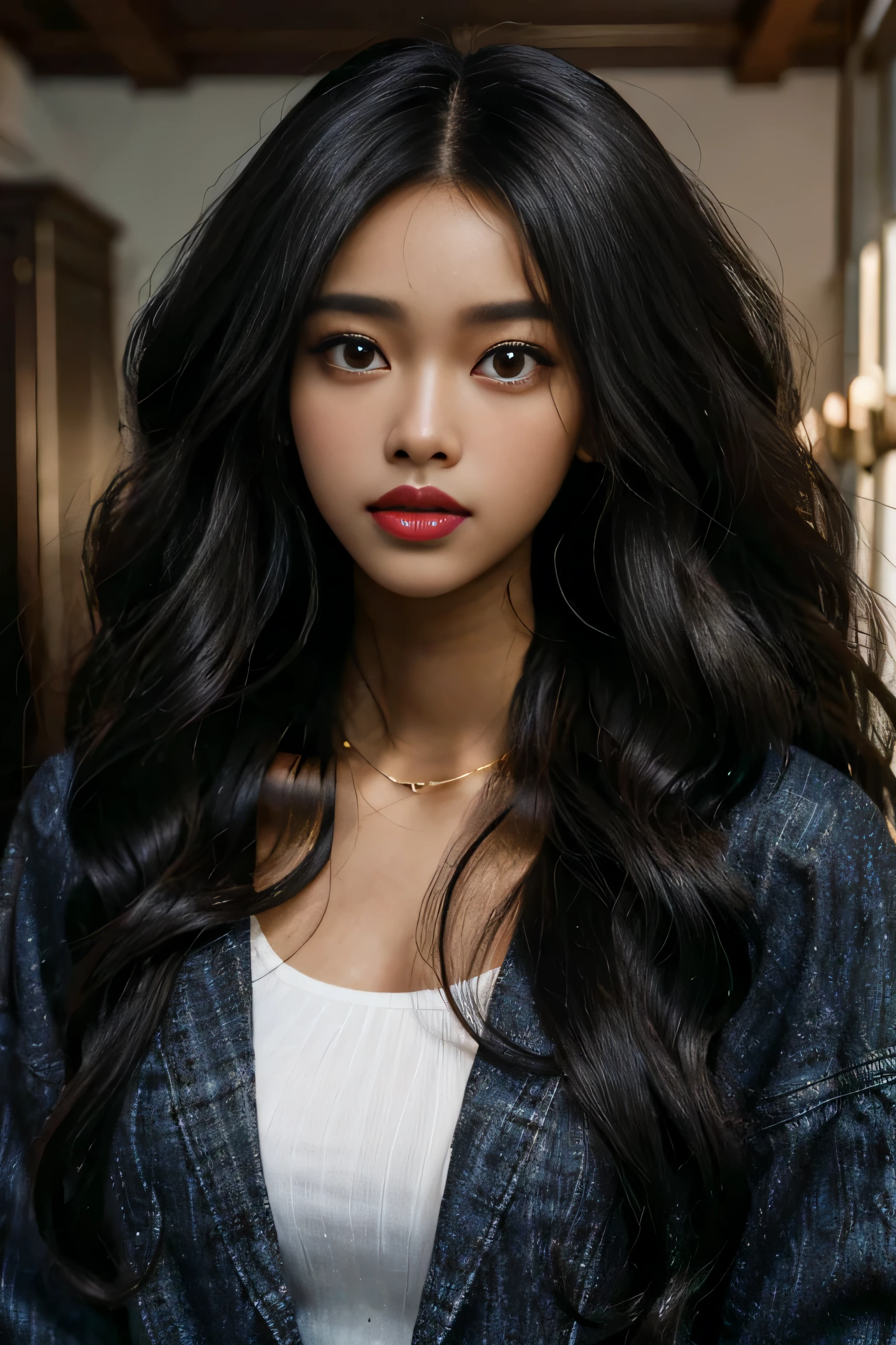 masterpiece, best quality, beautiful black and Asian mixed 19 year old, ebony skin female, long, frizzy, curly dark hair, perfect face, half body, long hair