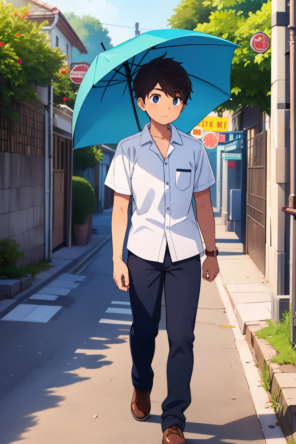 A indian age cool looking handsome school boy walking on the road with another under one umbrella looking at her