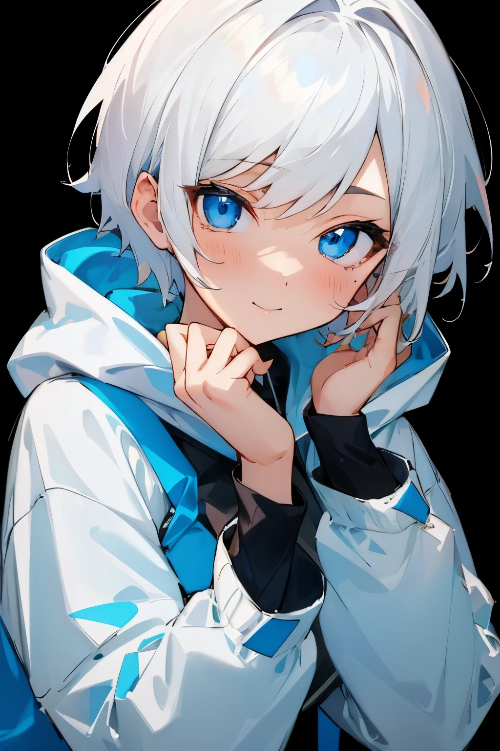 ((best quality)), ((masterpiece)), (detailed), perfect face,1 busty girl, White hair, short hair, Long sleeve hoodie, Blue eyes, black background