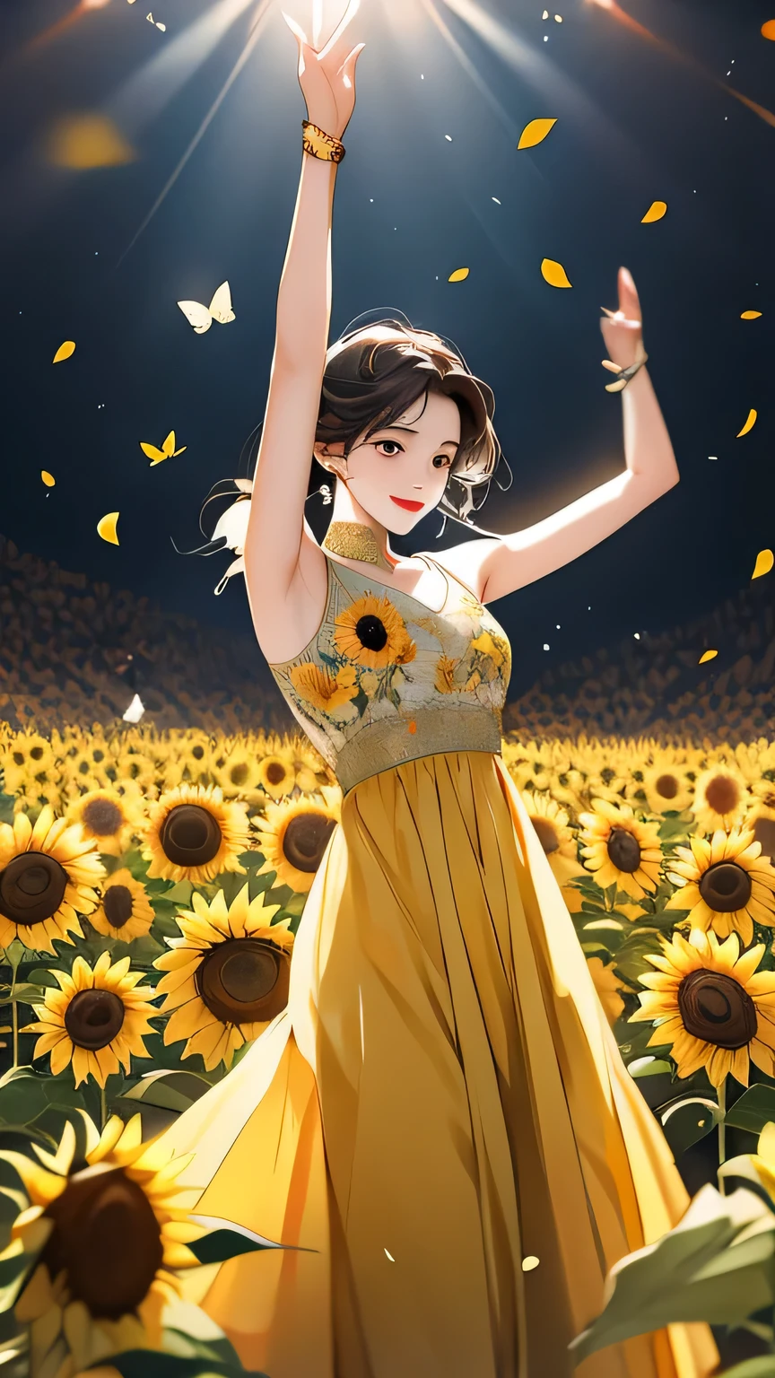 sunflower,Butterfly_flowering, come down_petal, alone,1 girl,dance, looking at the audience,