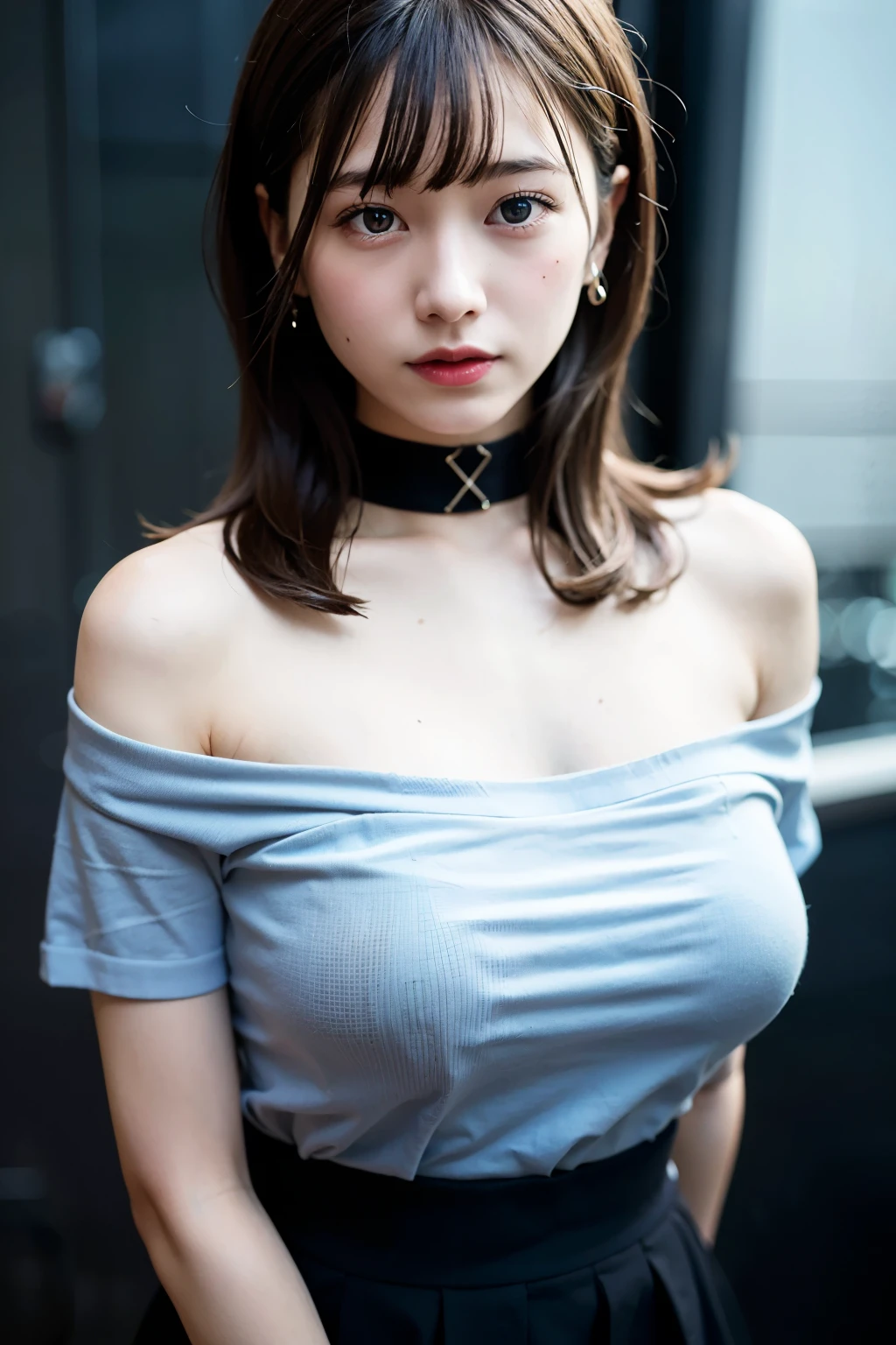 highest quality, ultra high resolution, (realistic:1.4), 1 girl, Off-shoulder blue shirt, black tight skirt, Black shoulder strap, (faded ash gray hair:1), (small breasts:1.2), looking at the viewer, Akihabara ,