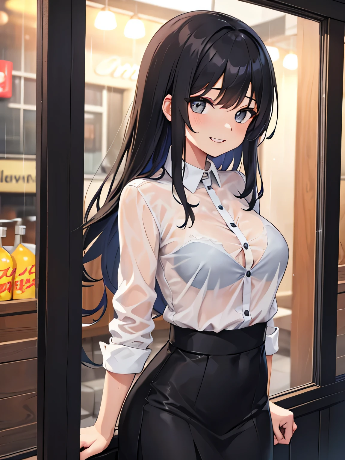 (1) A woman takes shelter from the rain in front of a store., But the cutter shirt is wet、The bra is clearly see-through.
(2) She is wearing a white cutter shirt and a black long skirt.
(3) she has long black hair.
(4) she has a provocative personality, a smiling expression on her face.
(5) She is 26 years old and looks mature..
(6) The location is outside the bar area on a rainy night.