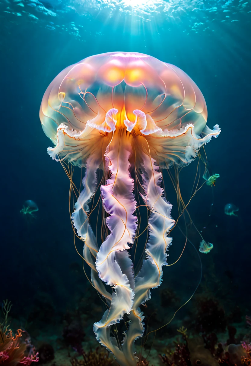 translucent marine life jellyfish.floating jellyfish. best quality,4k,8k,high resolution,masterpiece:1.2,Super detailed,actual:1.37,flashing lights,The enchanting depths of the ocean,magical atmosphere,Stunning underwater views,rich and colorful,闪闪发光的floating jellyfish,Charming Jellyfish,The loneliness of the deep sea,luminescent,fluorescence,A fantasy world where magic is cast like magic,bottle filled with luminescent liquid,ethereal atmosphere.Fantasy transparent bubbles.