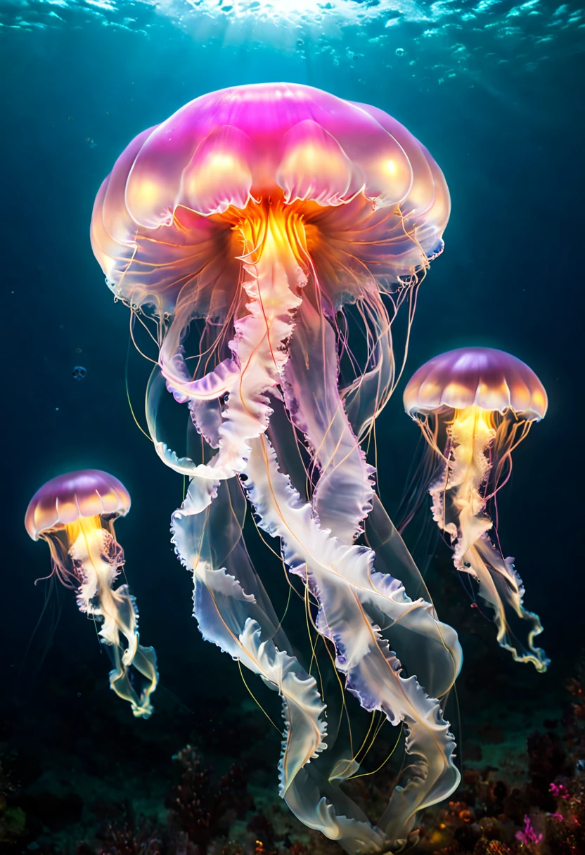 translucent marine life jellyfish.floating jellyfish. best quality,4k,8k,high resolution,masterpiece:1.2,Super detailed,actual:1.37,flashing lights,The enchanting depths of the ocean,magical atmosphere,Stunning underwater views,rich and colorful,闪闪发光的floating jellyfish,Charming Jellyfish,The loneliness of the deep sea,luminescent,fluorescence,A fantasy world where magic is cast like magic,bottle filled with luminescent liquid,ethereal atmosphere.Fantasy transparent bubbles.