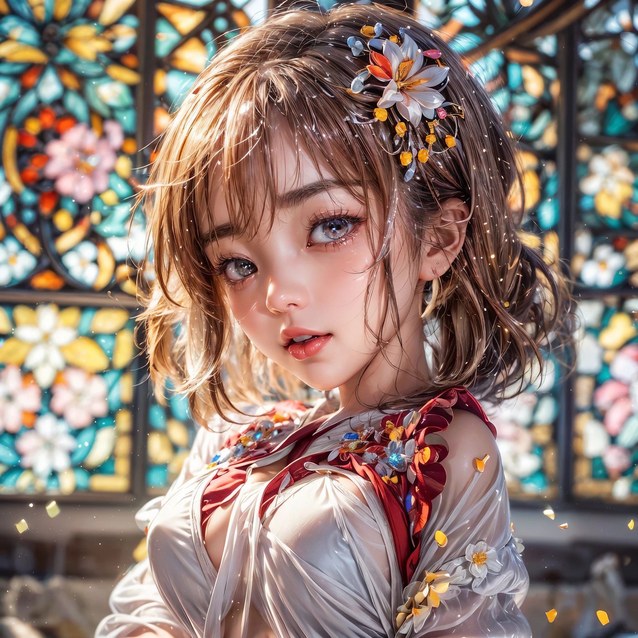 (NSFW:-0.98) . White and Red, (Dazzling colorful light pours down and reflects:1.2), (Physically-based 3D Rendering with incredible detailed Textures), Award-winning Masterpiece of professional Analogue photograpy, Hasselblad Open aperture, (((Realistic and Photorealistic with touch of rawness:1.37))), (((Acutance:0.85), { from below | from side } )) . ((A group photo of many KAWAII girls in (school uniform)) with visible Overflowing Cleavage) and Navel without bra . (((Extremely detailed KAWAII face variations)) with joyful expressions), { Detailed natural eyes with sparkling highlights and long eyelashes | Rosy cheeks | Navel | (pretty Ass) | (Overflowing underboob) | Oiled ivory skin Details | White panties with (blood seeping only in crotch area) | ((full of Flowers covering girl's body:1.15)) | (((Dazzling colorful stained glass with stunning elaborate details:1.2))) | Mystic sight | A Halo ling in the air | God rays | Haze | Lens flare | Luminescent particles | Kissing face to face } . Ultra-detailed, (Exposed:0.8), (((Nipple:-0.9, visible Cleavage))) .