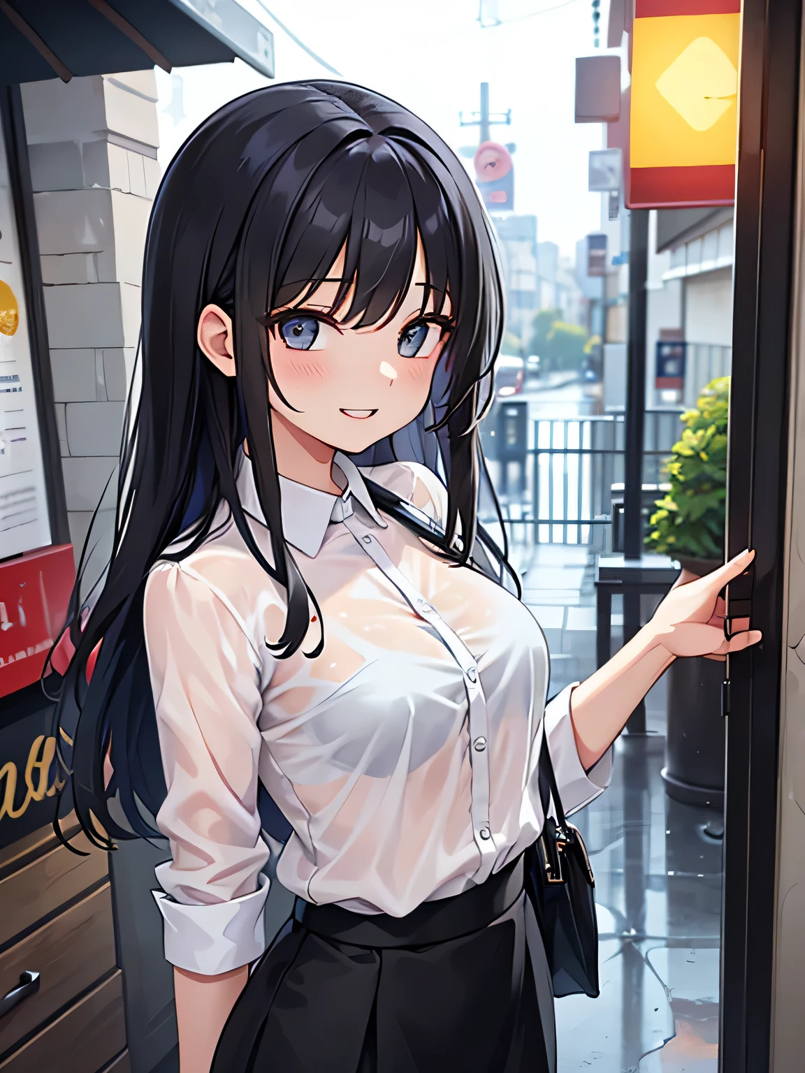 (1) A woman takes shelter from the rain in front of a store., But the cutter shirt is wet、The bra is clearly see-through.
(2) She is wearing a white cutter shirt and a black long skirt.
(3) she has long black hair.
(4) she has a provocative personality, a smiling expression on her face.
(5) She is 26 years old and looks mature..
(6) The location is outside the bar area on a rainy night.