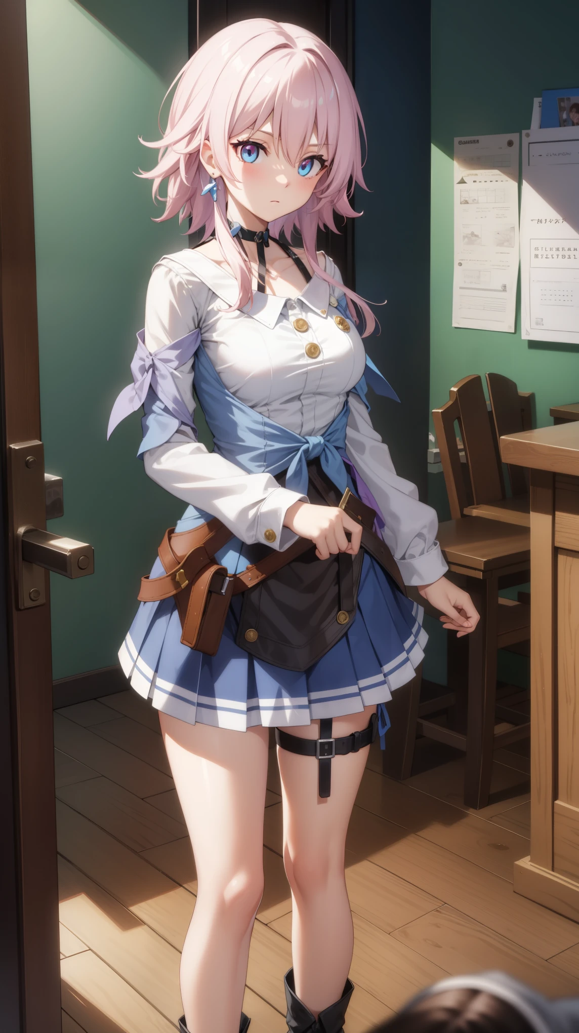 marchseventh, march seventh, blue eyes, hair between eyes, medium hair, pink eyes, pink hair, two-tone eyes,
BREAK ankle boots, archery shooting glove, badge, bare legs, black choker, black corset, black footwear, black gloves, blue jacket, blue skirt, boots, button badge, buttons, choker, collarbone, corset, earrings, flower ornament, gloves, high heel boots, high heels, jacket, jewelry, long sleeves, miniskirt, partially fingerless gloves, pleated skirt, shirt, single earring, single glove, skirt, thigh strap, tied jacket, underbust, white shirt
BREAK looking at viewer,
BREAK indoors, classroom,
BREAK (masterpiece:1.2), best quality, high resolution, unity 8k wallpaper, (illustration:0.8), (beautiful detailed eyes:1.6), extremely detailed face, perfect lighting, extremely detailed CG, (perfect hands, perfect anatomy),