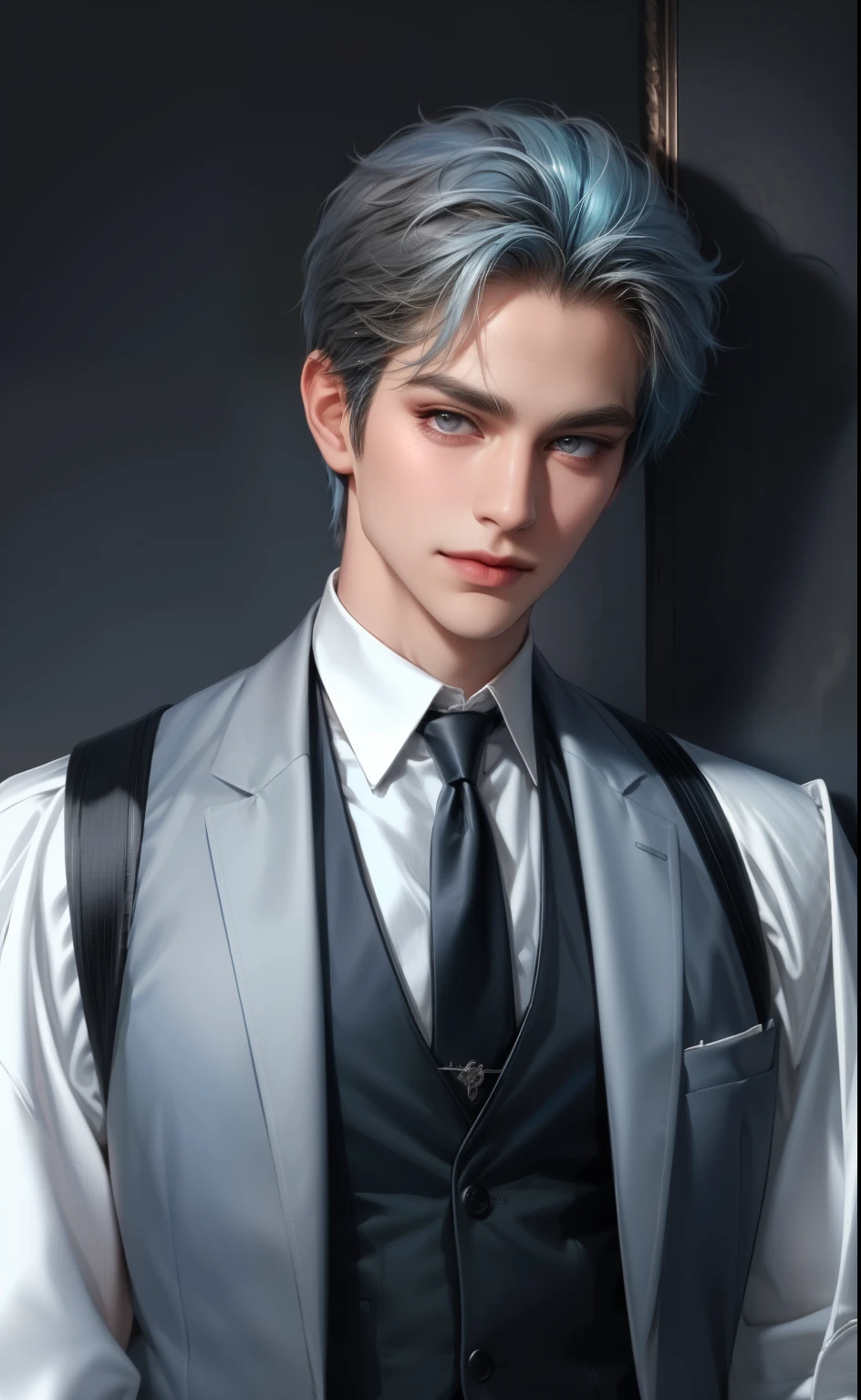 (masterpiece,best quality,ultra_detailed,highres,absurdres),1 mature male, 30-ish, (wide shoulder), (muscular), male focus, solo, blue pastel hair, chain, shirt, black necktie, necktie, simple background, grey eyes, upper body, vest, short hair, looking at viewer, smile face, parted lips, collared shirt, round eyewear, long sleeves, white shirt, white background, white vest, monocle, jewelry.