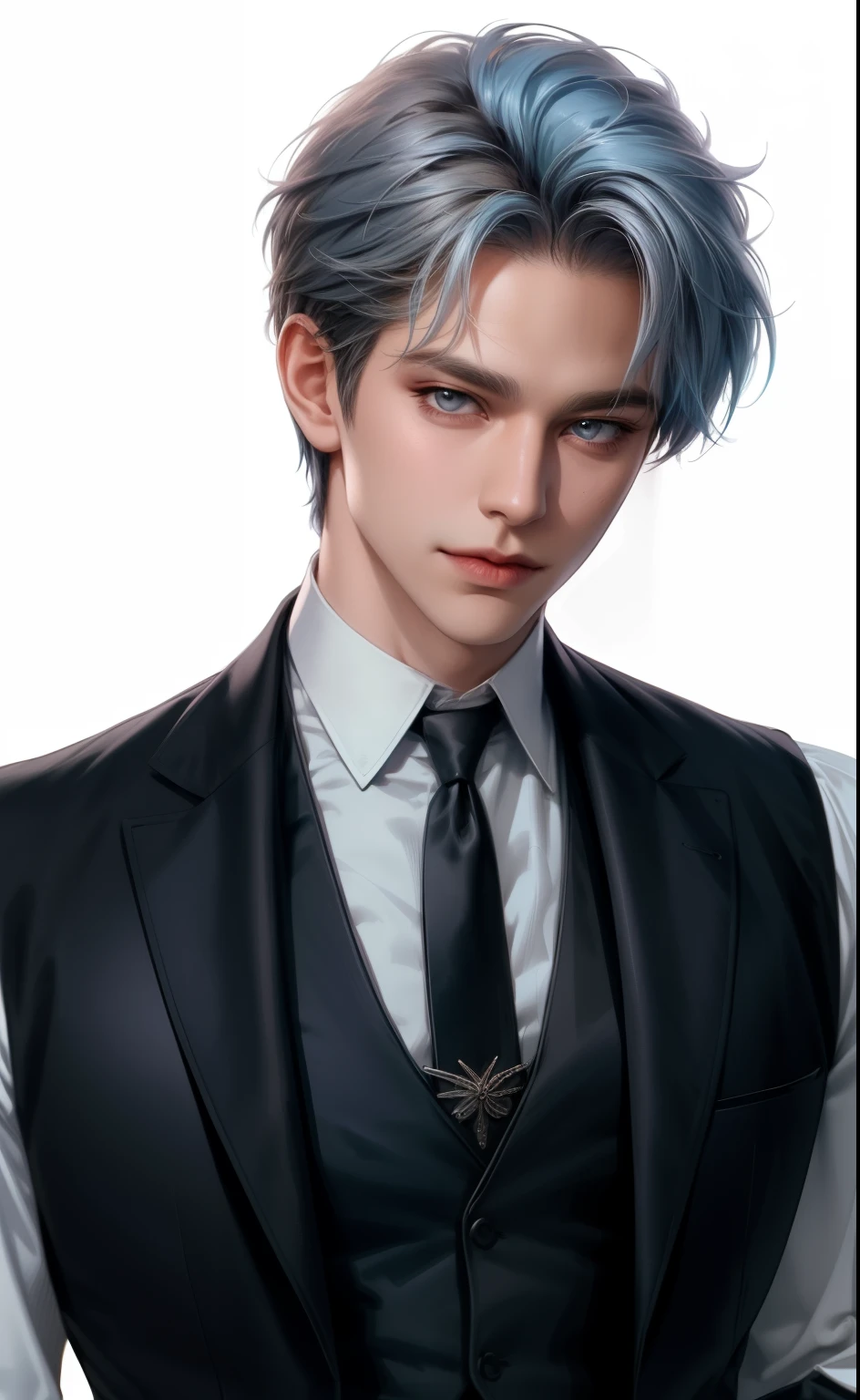 (masterpiece,best quality,ultra_detailed,highres,absurdres),1 mature male, 30-ish, (wide shoulder), (muscular), male focus, solo, blue pastel hair, chain, shirt, black necktie, necktie, simple background, grey eyes, upper body, vest, short hair, looking at viewer, smile face, parted lips, collared shirt, round eyewear, long sleeves, white shirt, white background, white vest, monocle, jewelry.