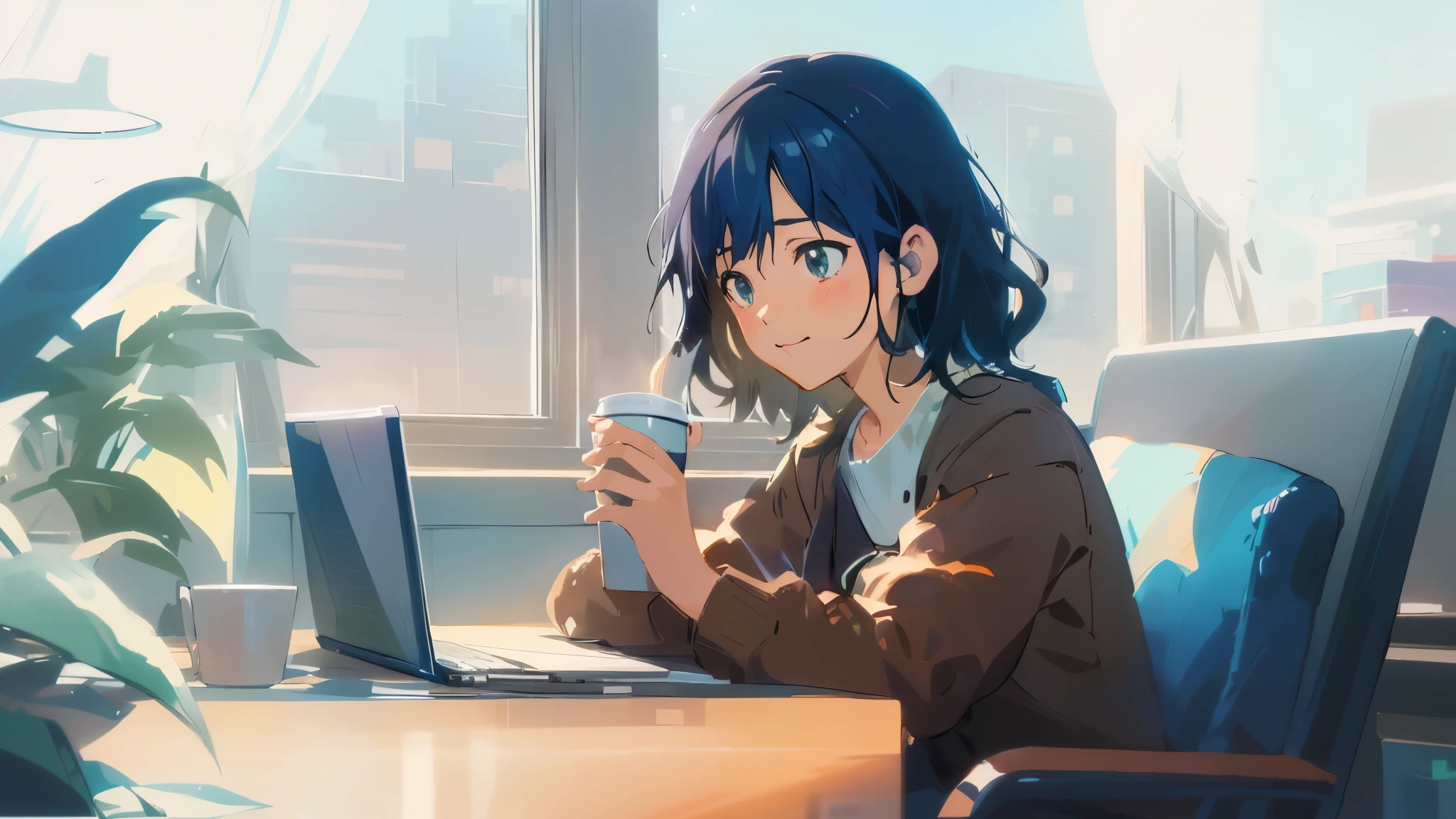 Anime girl sitting at a desk with a laptop and coffee, lofi girl, portrait of lofi, digital anime illustration, cute girl anime visual, Lofiatostyle, anime style 4 k, anime atmosphere, Lofiato, digital anime art, anime style. 8k, anime aesthetics, makoto shinkai style