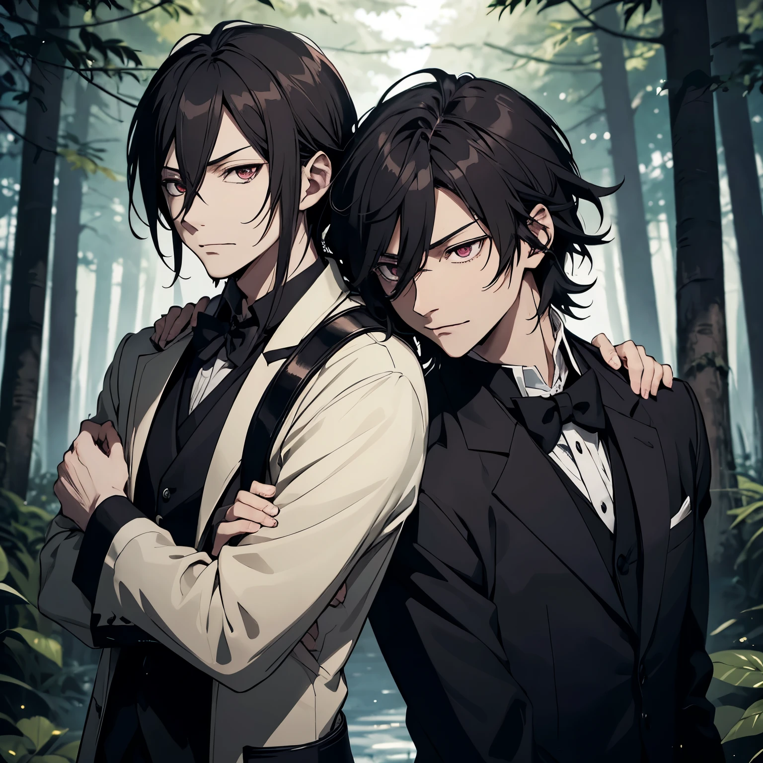in a dark forest there are two men from the anime bungou stray dogs. One of them is Dazai who is like a vampire hunter. He&#39;s looking forward hopelessly and there&#39;s a vampire bite on his neck. Already in the background is Chuuya, um homem baixo e ruivo, he&#39;s a vampire and he&#39;s apparently leaving.