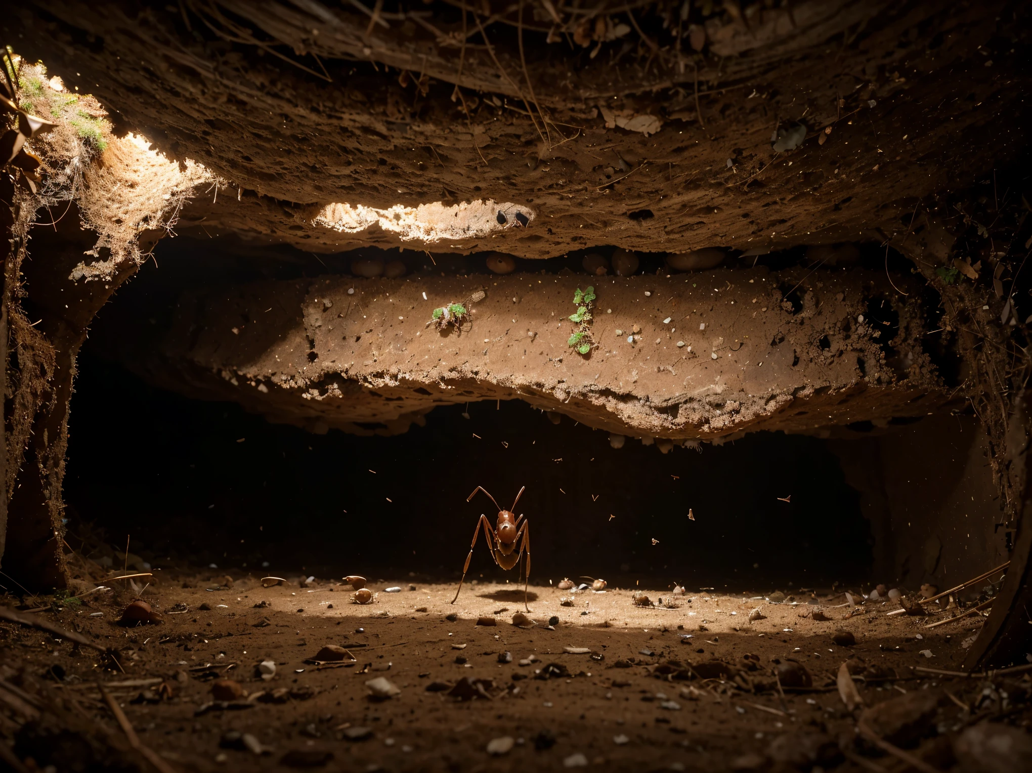 The POV footage shows the dimly lit interior of an intricate ant nest. The camera, positioned at ant-eye level, captures the maze-like tunnels and chambers bustling with activity. Tiny grains of sand and debris litter the ground as the ant navigates through narrow passages, occasionally encountering other ants engaged in various tasks. The walls are lined with moist soil and organic matter, with occasional glimpses of roots or tiny openings leading to different sections of the nest. The atmosphere is bustling yet organized, with each ant purposefully carrying out its duties in this complex subterranean world.