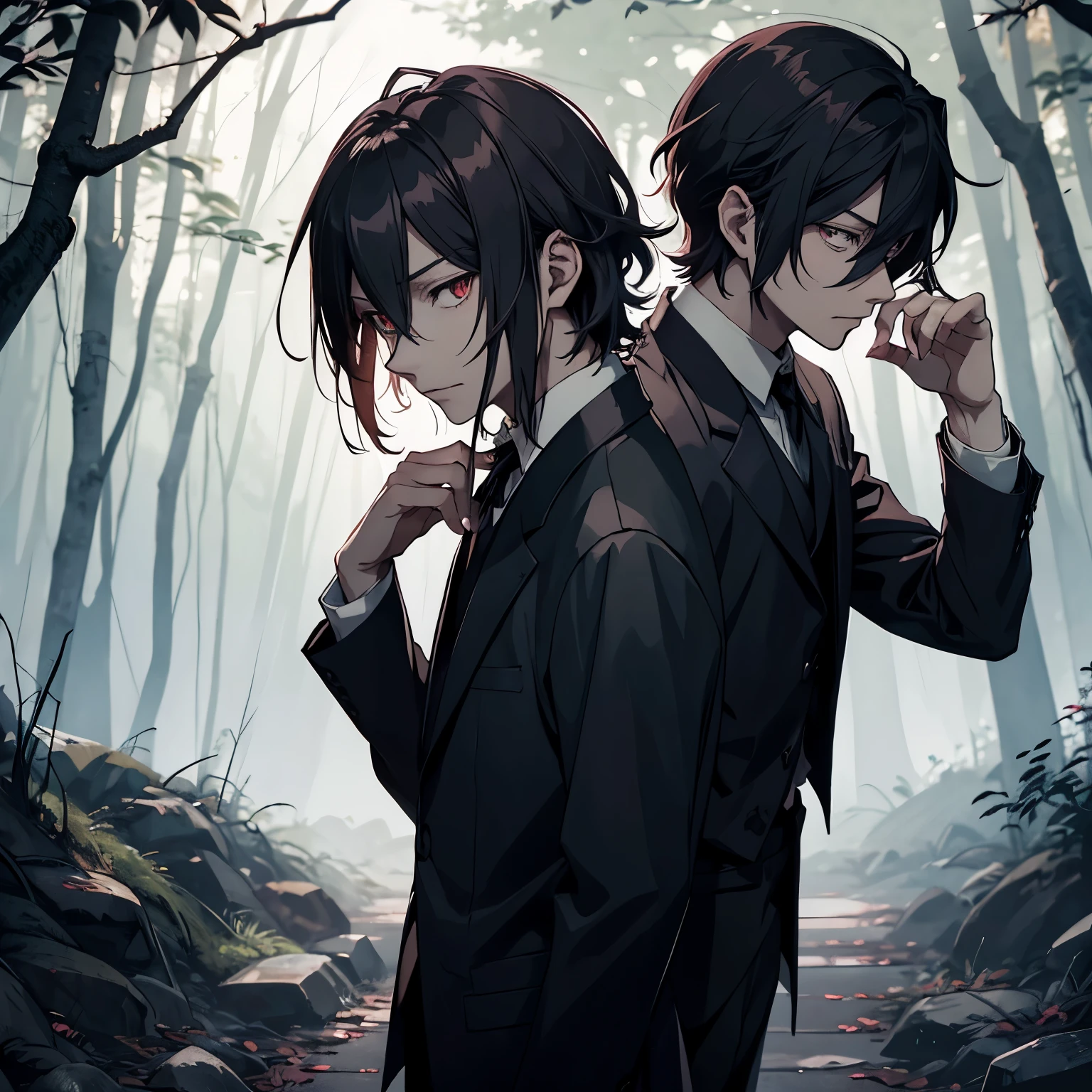 in a dark forest there are two men from the anime bungou stray dogs. One of them is Dazai who is like a vampire hunter. He's looking forward hopelessly and there's a vampire bite on his neck. Already in the background is Chuuya, um homem baixo e ruivo, he's a vampire and he's apparently leaving.
