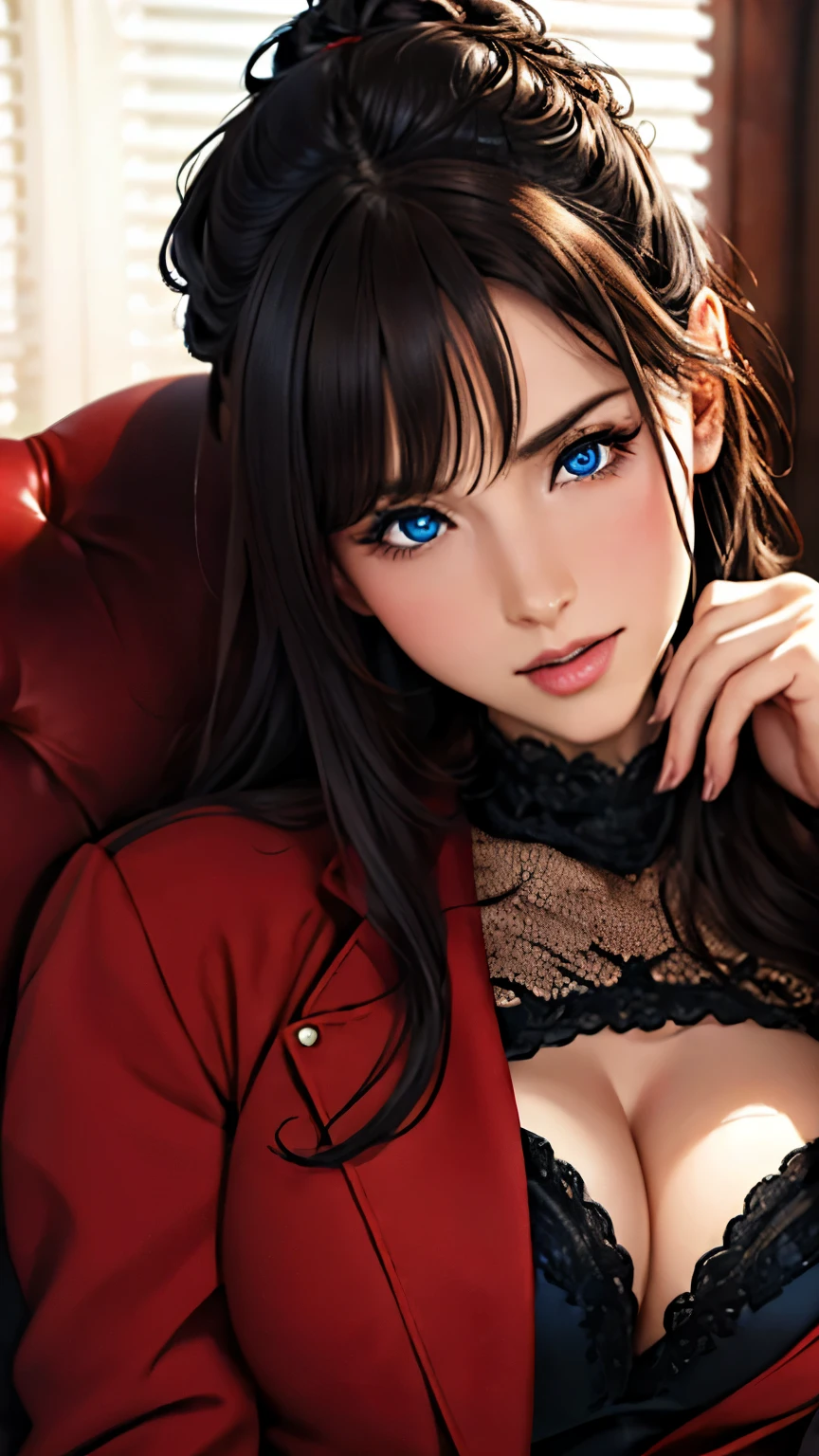 (highest quality,4k,8k,High resolution,masterpiece:1.2),super detailed,(realistic,realistic,realistic:1.37),beautiful detailed blue eyes,long black hair in a high bun,detailed red veil,sharp focus,Professional,Bright colors,dark background,studio lighting、cleavage