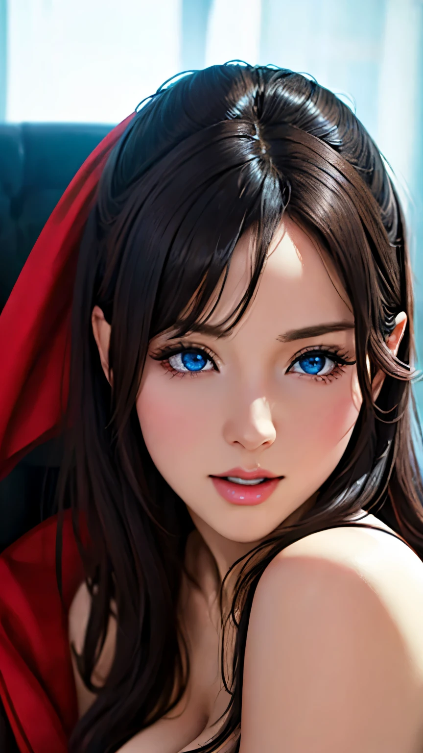 (highest quality,4k,8k,High resolution,masterpiece:1.2),super detailed,(realistic,realistic,realistic:1.37),beautiful detailed blue eyes,long black hair in a high bun,detailed red veil,sharp focus,Professional,Bright colors,dark background,studio lighting、cleavage