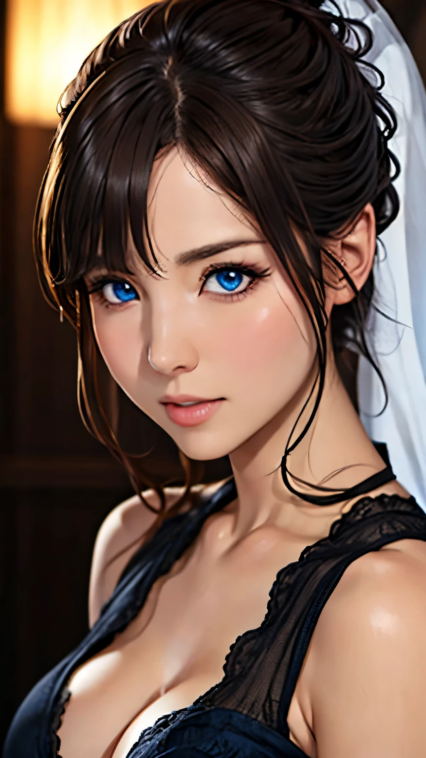 (highest quality,4k,8k,High resolution,masterpiece:1.2),super detailed,(realistic,realistic,realistic:1.37),beautiful detailed blue eyes,long black hair in a high bun,detailed red veil,sharp focus,Professional,Bright colors,dark background,studio lighting、cleavage