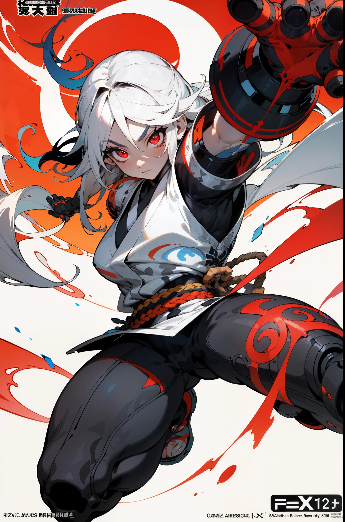 background, language_text, Japanese letters in graffit, black woman, muscular 35 years old woman, long white hair, excellent lighting, sidelighting, (), vhsKeeper,, style GUILTY GEAR -STRIVE perfect ultimate (flat color: 1.3), (magazine_cover: 1.4), (multicolored_background: 1.3), striped_background, card_background, :: comix style by joe madureira :: circular pieces of white metals glued to the ultra detailed arms coming out sparkling shine, , perfect and detailed, ultra detailed shirt with abstract design and with print of Japanese letters in graffit of the sides of the clothes, image of girls with abs, with immersive effects, hover effect, background graffiti style tribal tattoo with vibrant colors "HDR ultra" detailed and with focus effect, (masterpiece: 1.2, best quality), (beautiful Red eyes with huge eyelashes finely detailed: 1.2), , ((Solo)), (Finely detailed eyes and detailed face :1.3), in various full-body attack poses, (cute background: 1.2),futuristic costume, super detailed circular metals Clinging to arms and pants, fantastic paintings