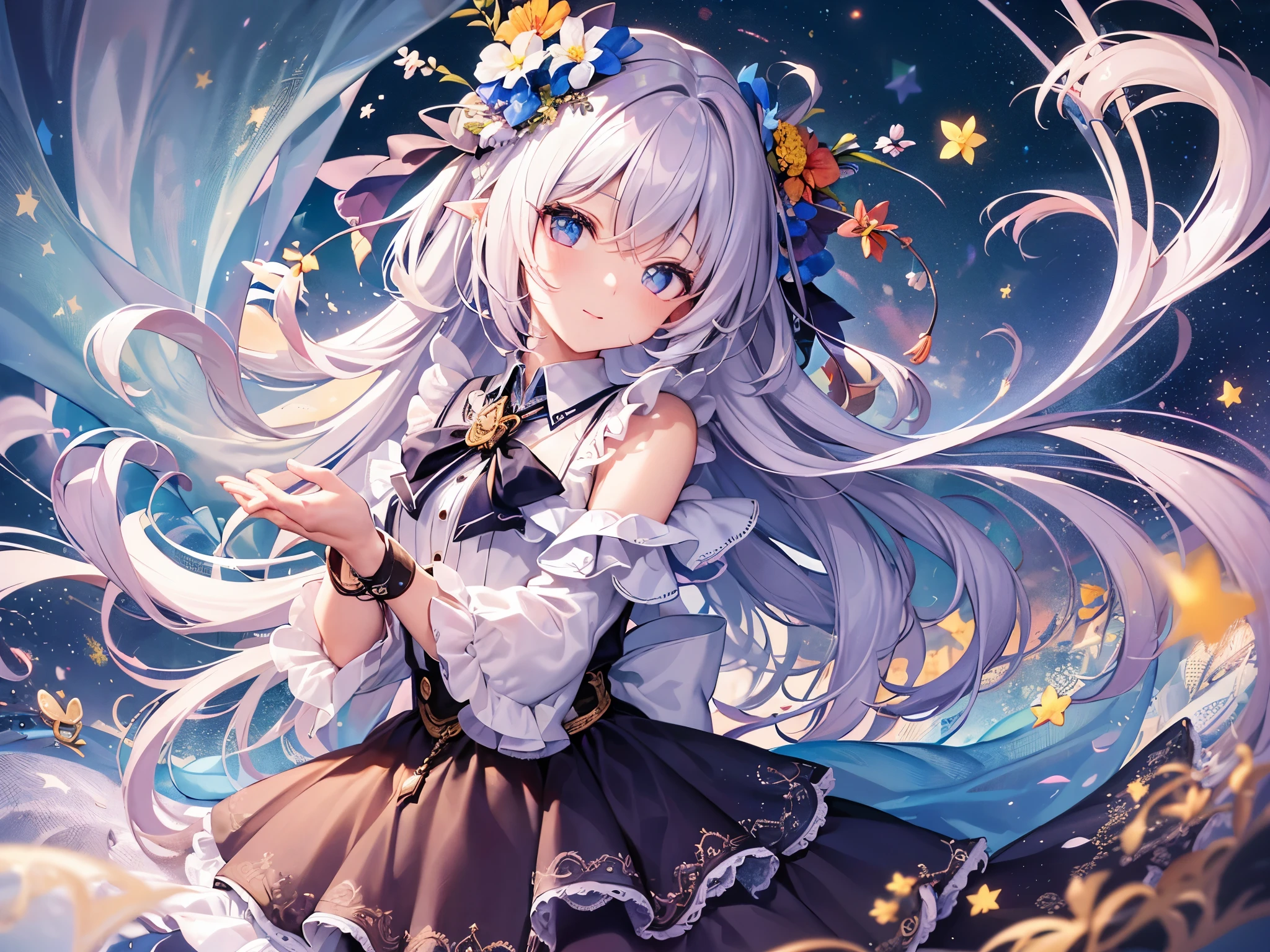 1girl,Handsome face、 best detail 、*********、 absurd、Mysterious、((( perfect anatomy、The best composition、Best Quality,Masterpiece, HHD、8K Official Wallpaper , Super detailed、3Ⅾ))),Thin Line Hair 、Milky white hair color、 high definition、 absurdな, lens flare ,(White Theme:1.1),(Halftone:1.2), Dynamic Angle, depth of field , (White background:1.2), (Broken Clear Glass :1.1), Glass Flag ,Transparent Quartz,gothic,  BREAK Details Beautiful Girl ,Cute,(smile:1.1),Silky Hair,blue eyes, flat chest, upper body, Face Focus , watching viewers ,(dowl hunting casket hat:1.1),Ribbon trim,( Blue Frilled Dress :1.2),Floating Hair,universe、star、流star群、Aurora、diamond、Simple Background、 chr457m45m3rg3d0nmn3m1c neon symmetry!! Halo 2 、fanxing、sailor's sailor uniform、