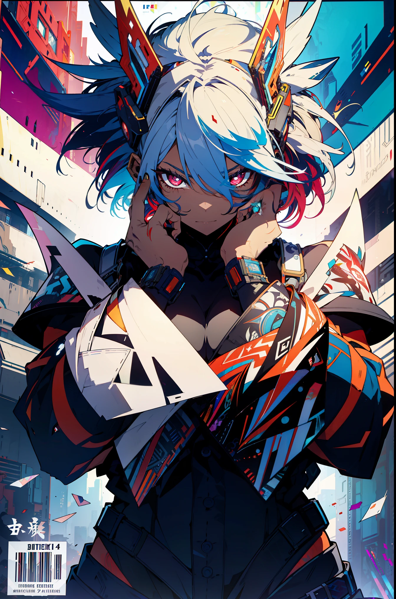 background, language_text, Japanese letters in graffit, black woman, muscular 35 years old woman, long white hair, excellent lighting, sidelighting, (), vhsKeeper,, style GUILTY GEAR -STRIVE perfect ultimate (flat color: 1.3), (magazine_cover: 1.4), (multicolored_background: 1.3), striped_background, card_background, :: comix style by joe madureira :: circular pieces of white metals glued to the ultra detailed arms coming out sparkling shine, , perfect and detailed, ultra detailed shirt with print of Japanese letters in graffit of the sides of the clothes, image of girls with abs, with immersive effects, hover effect, background graffiti style tribal tattoo with vibrant colors "HDR ultra" detailed and with focus effect, (masterpiece: 1.2, best quality), (beautiful Red eyes with huge eyelashes finely detailed: 1.2), , ((Solo)), (Finely detailed eyes and detailed face :1.3), in various full-body attack poses, (cute background: 1.2),futuristic costume, super detailed circular metals Clinging to arms and pants, fantastic paintings
