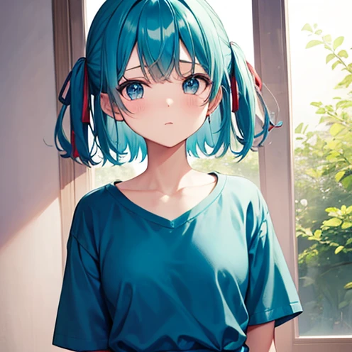blue-green、girl、Ｔshirt、red ribbon、long、cute、