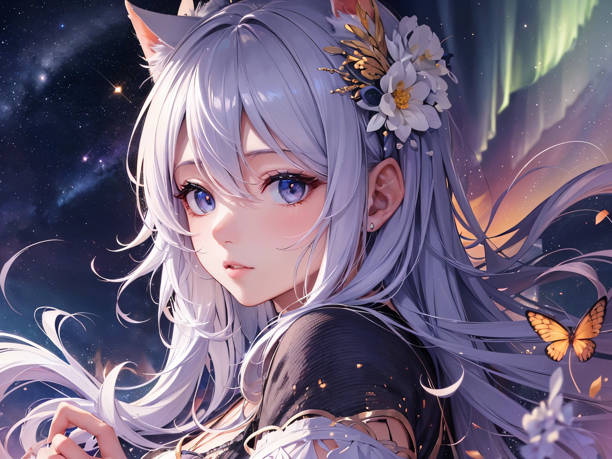 ((highest quality)),(ultra high resolution),(Super detailed),(detailed description),((best CG)),(best work of art),super precision art,amazing drawing art,(Art with precise details:1.5), Starry sky with fluttering aurora、Make a wish on a shooting star that passes through the night sky
