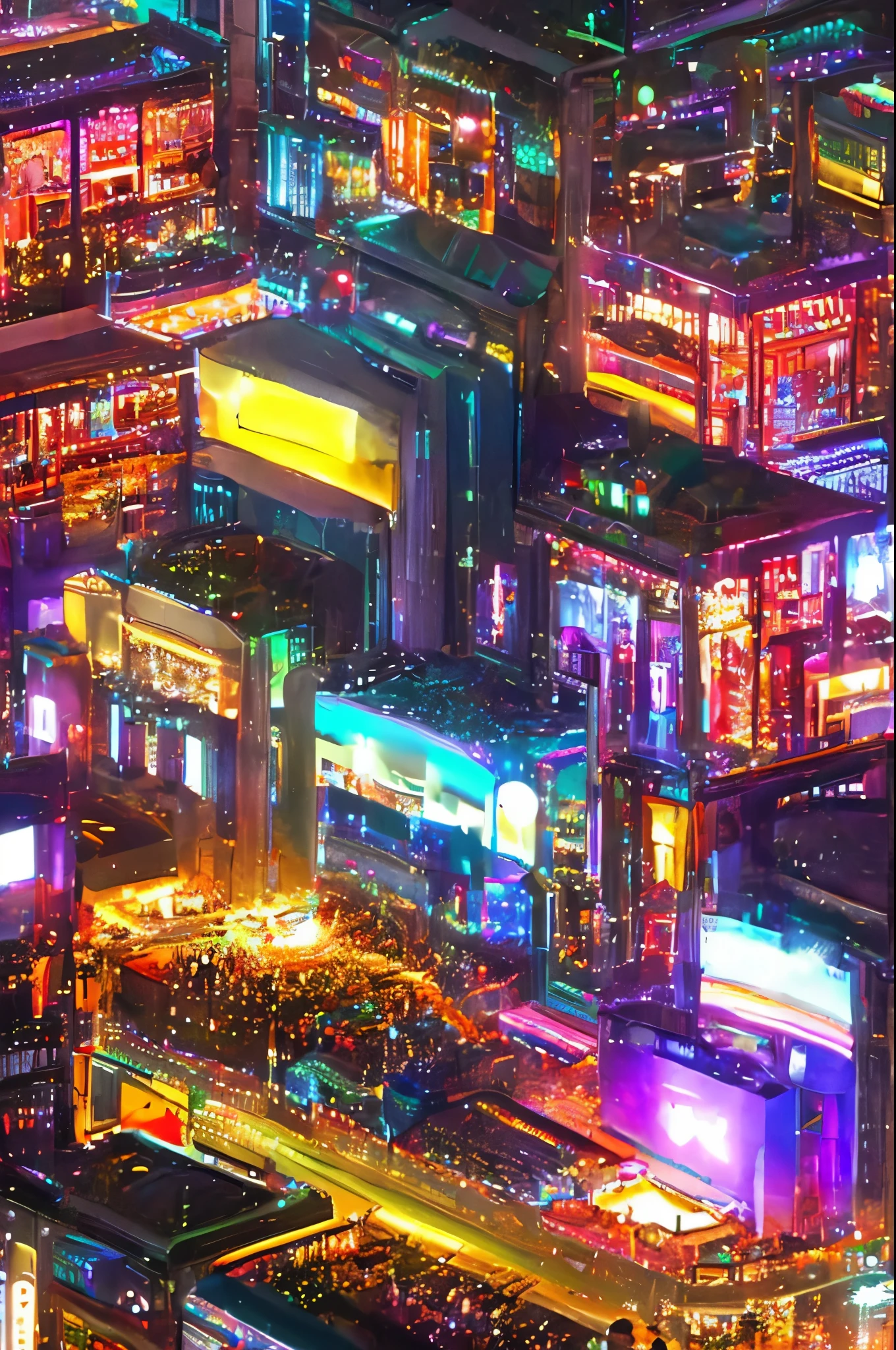 anime, anime style, Ghibli-like colours, motion blur, cinematic lighting, chromatic aberration, reflection light, UHD, super detail, high quality, highres, nightcity at night, lot of people, clubs view from the top